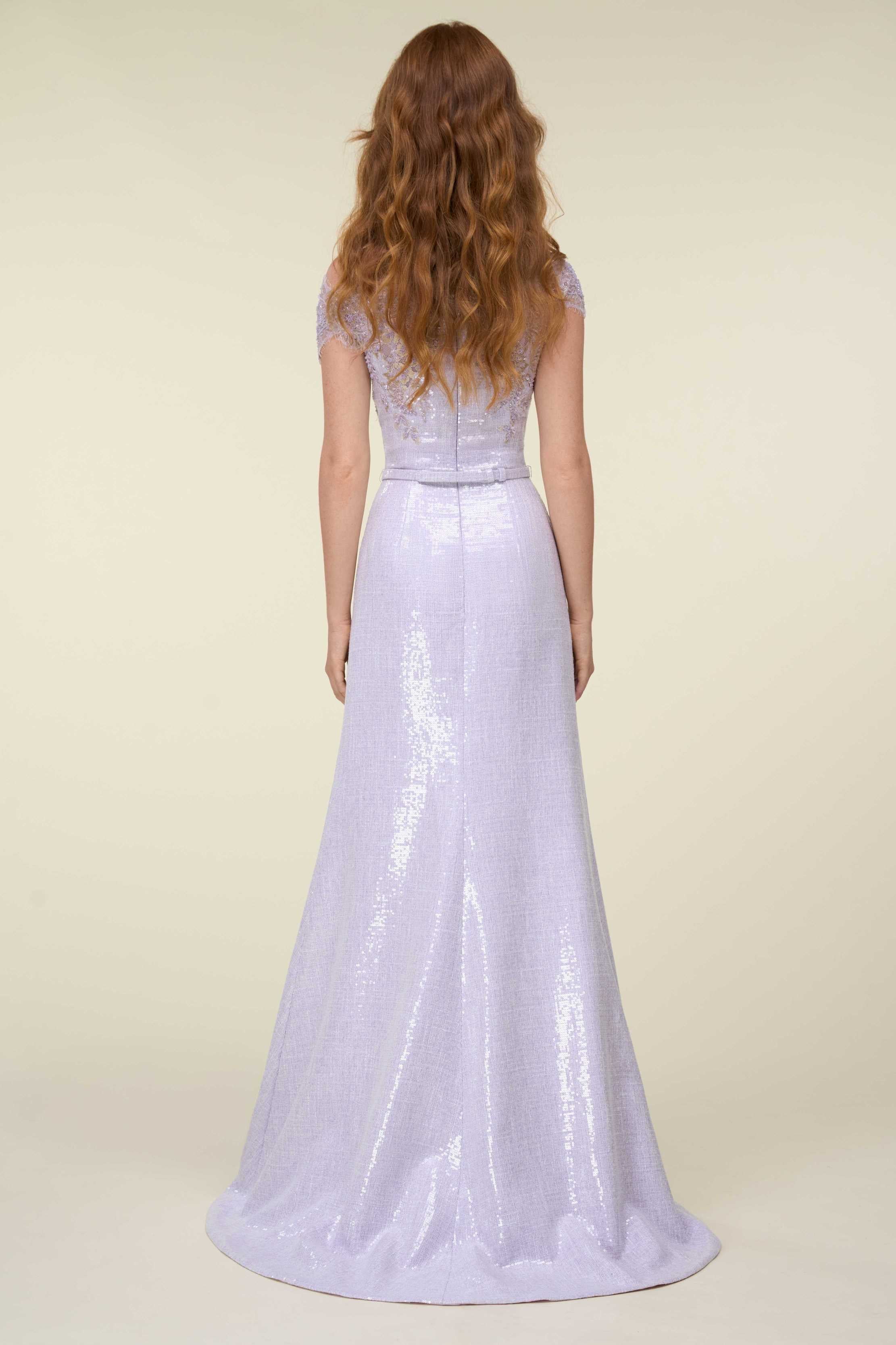 Off-Shoulder Sequined Overlapped Mermaid Gown With Belt