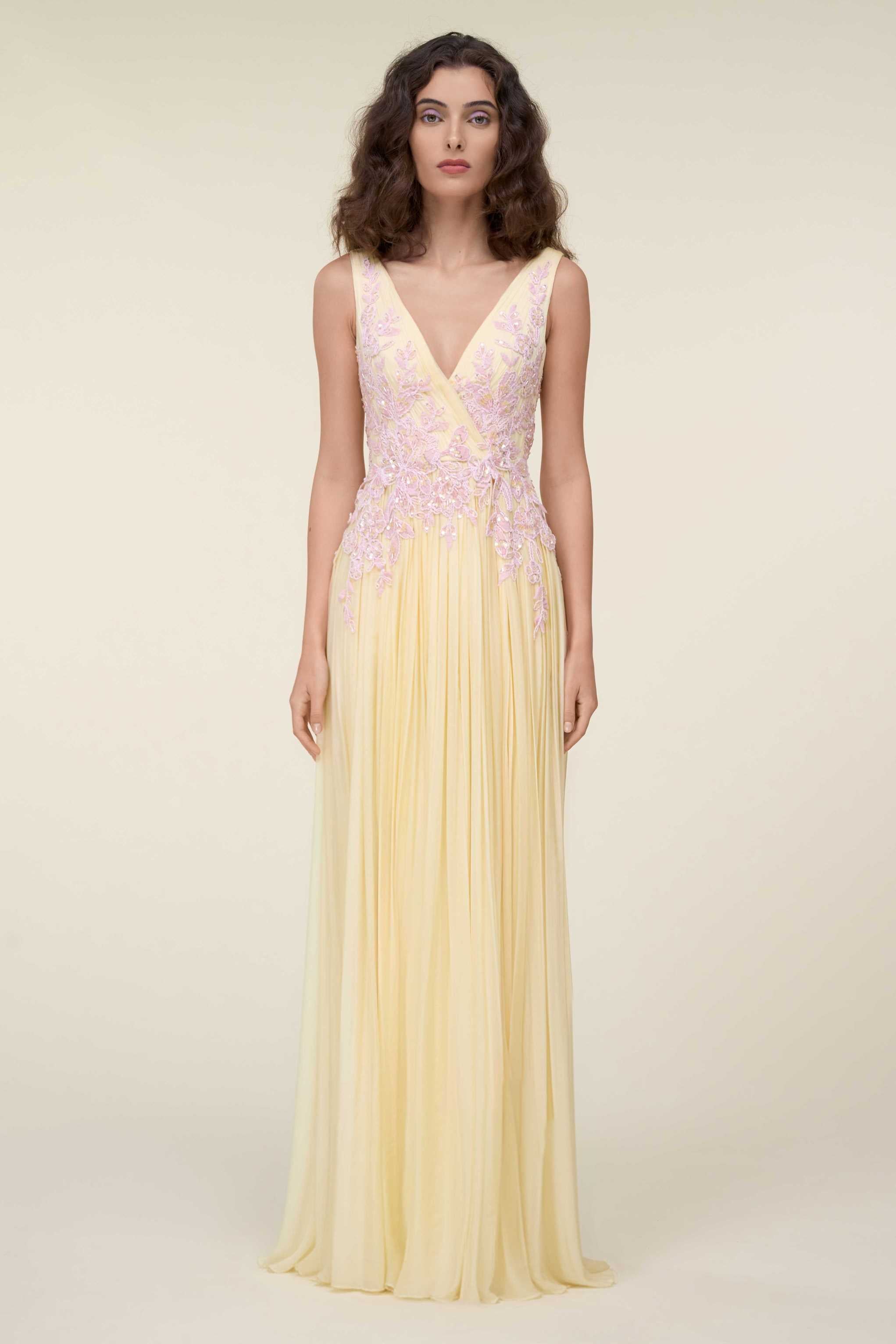 Mousseline Draped Gown With Embroidered Bodice And Skirt.