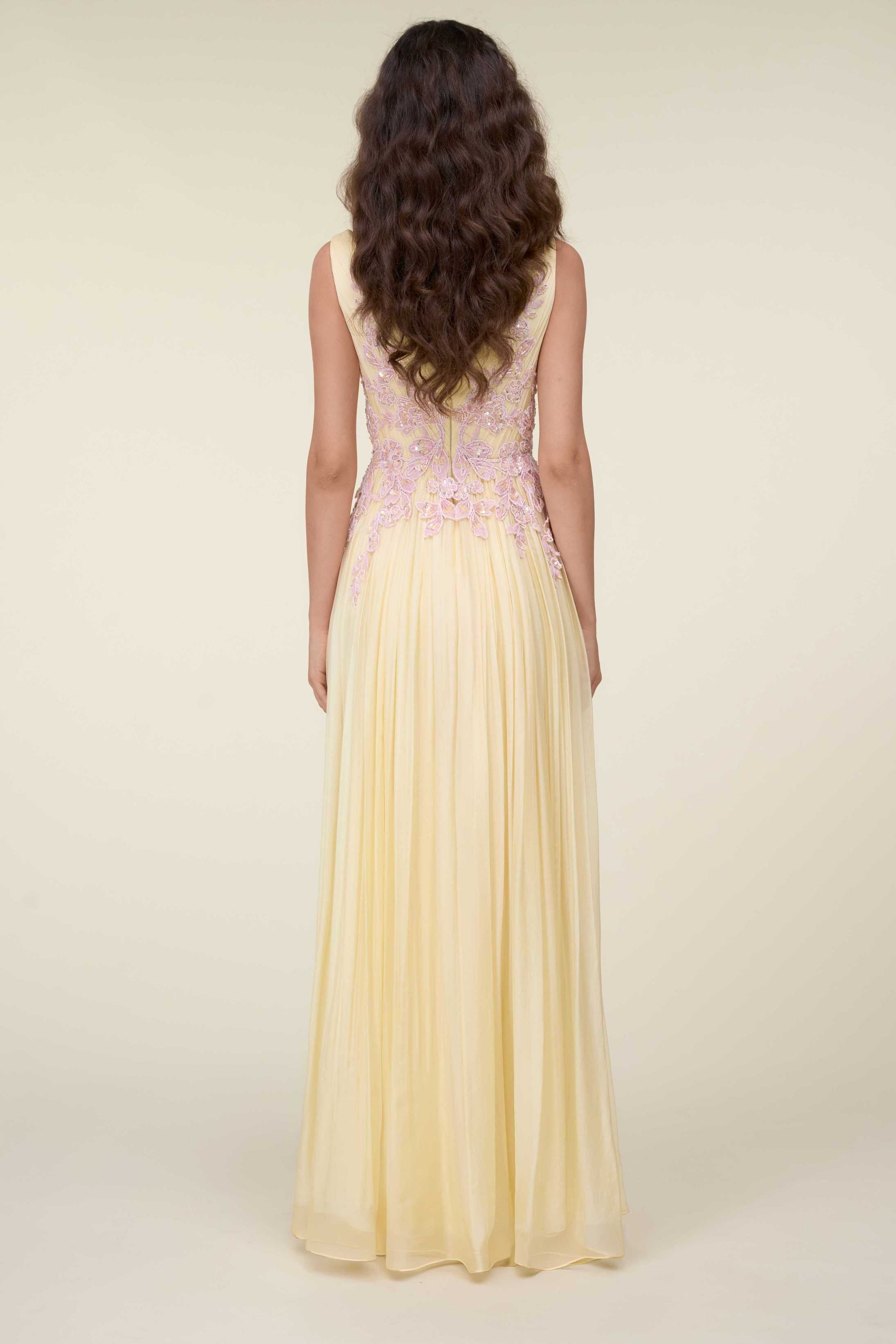Mousseline Draped Gown With Embroidered Bodice And Skirt.
