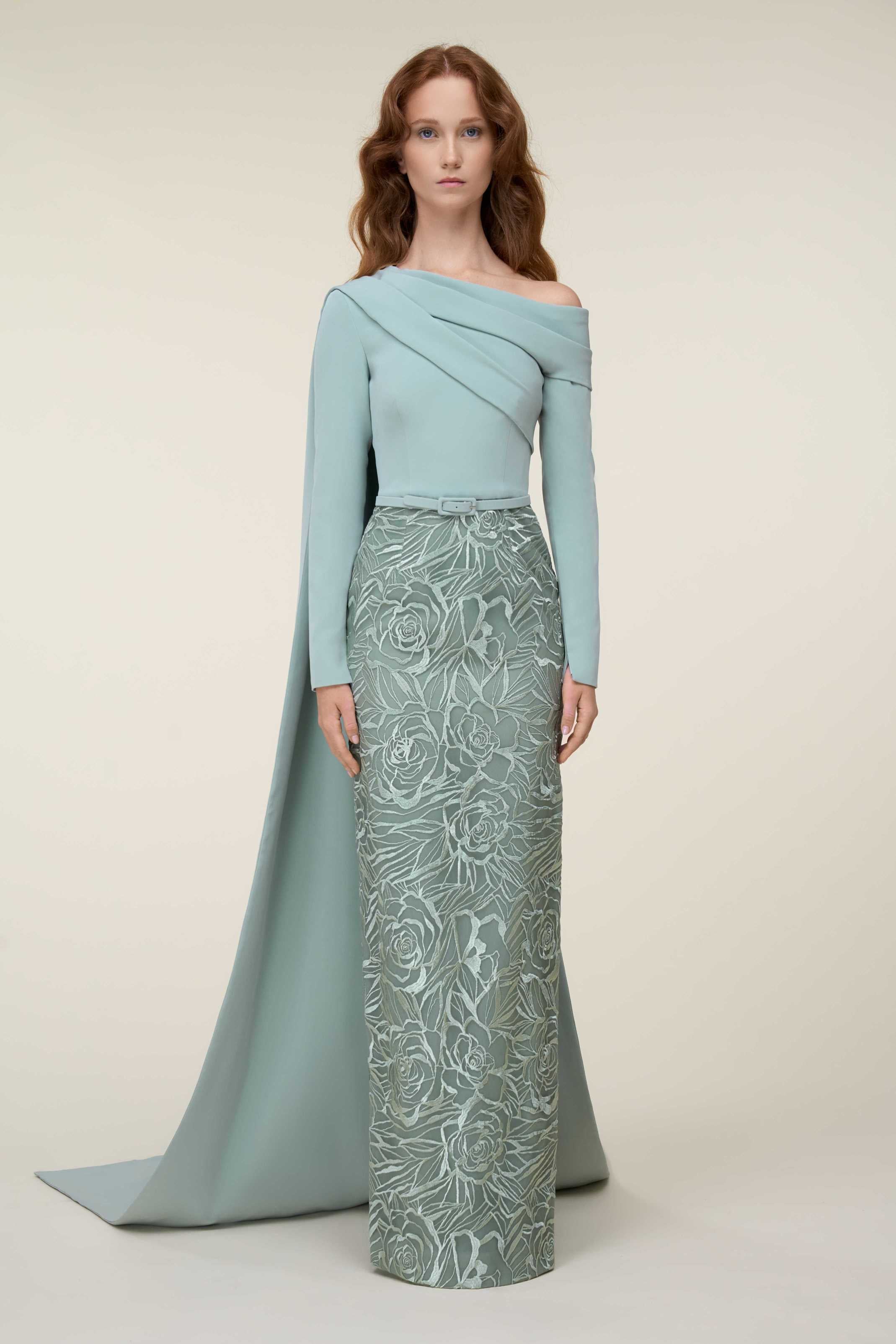 Off-Shoulder Tubino Dress With Draped Bodice Cape With Belt