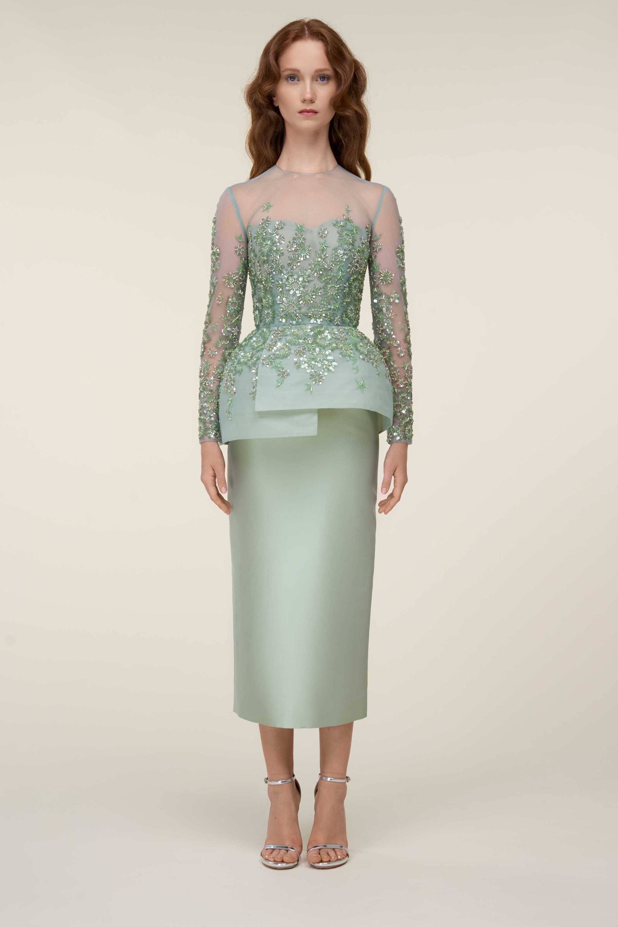 Fully Beaded Tea-Length Tubino With Illusion Neckline And Peplum.