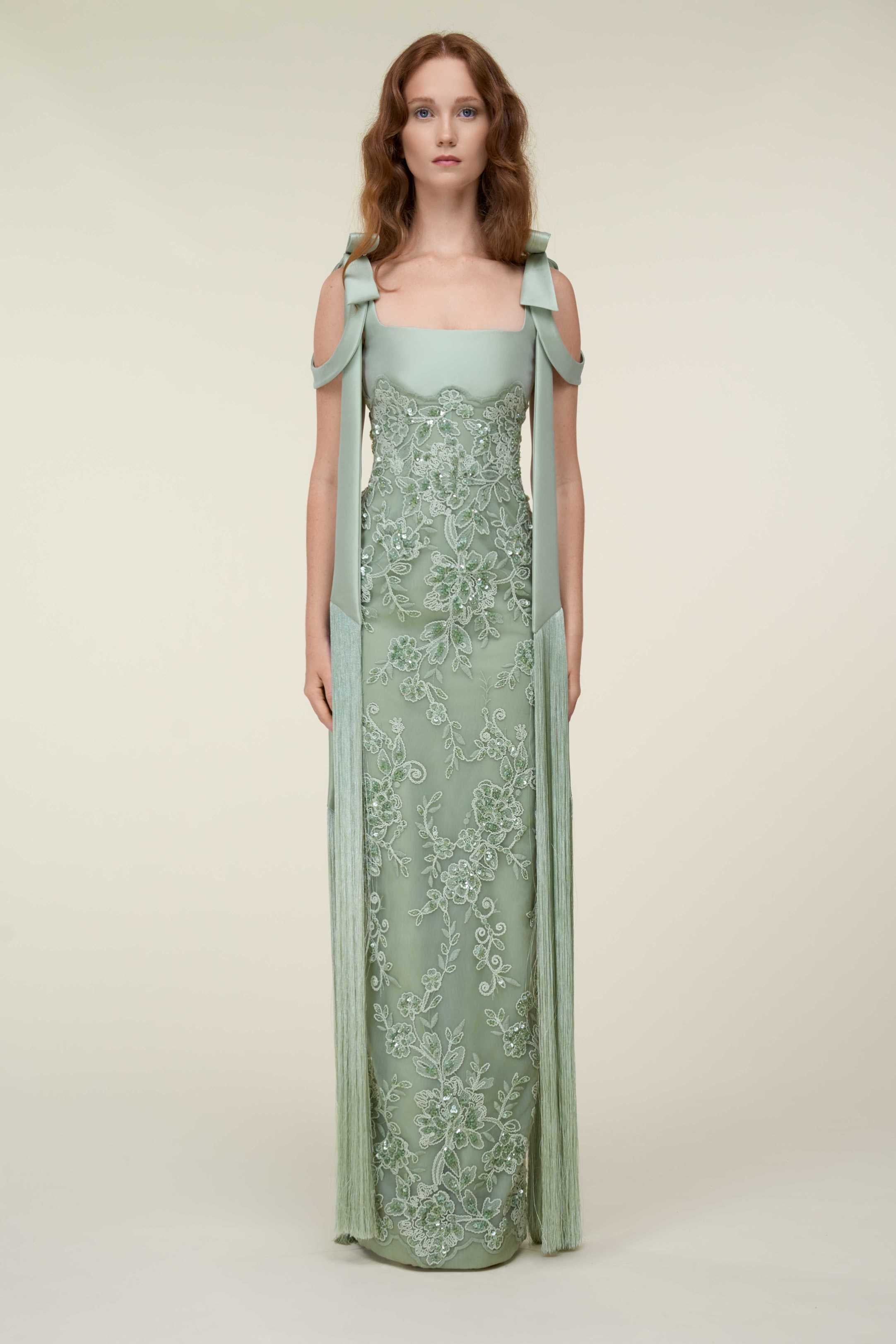 Embroidered Tubino Dress With Bow Straps And Fringe.