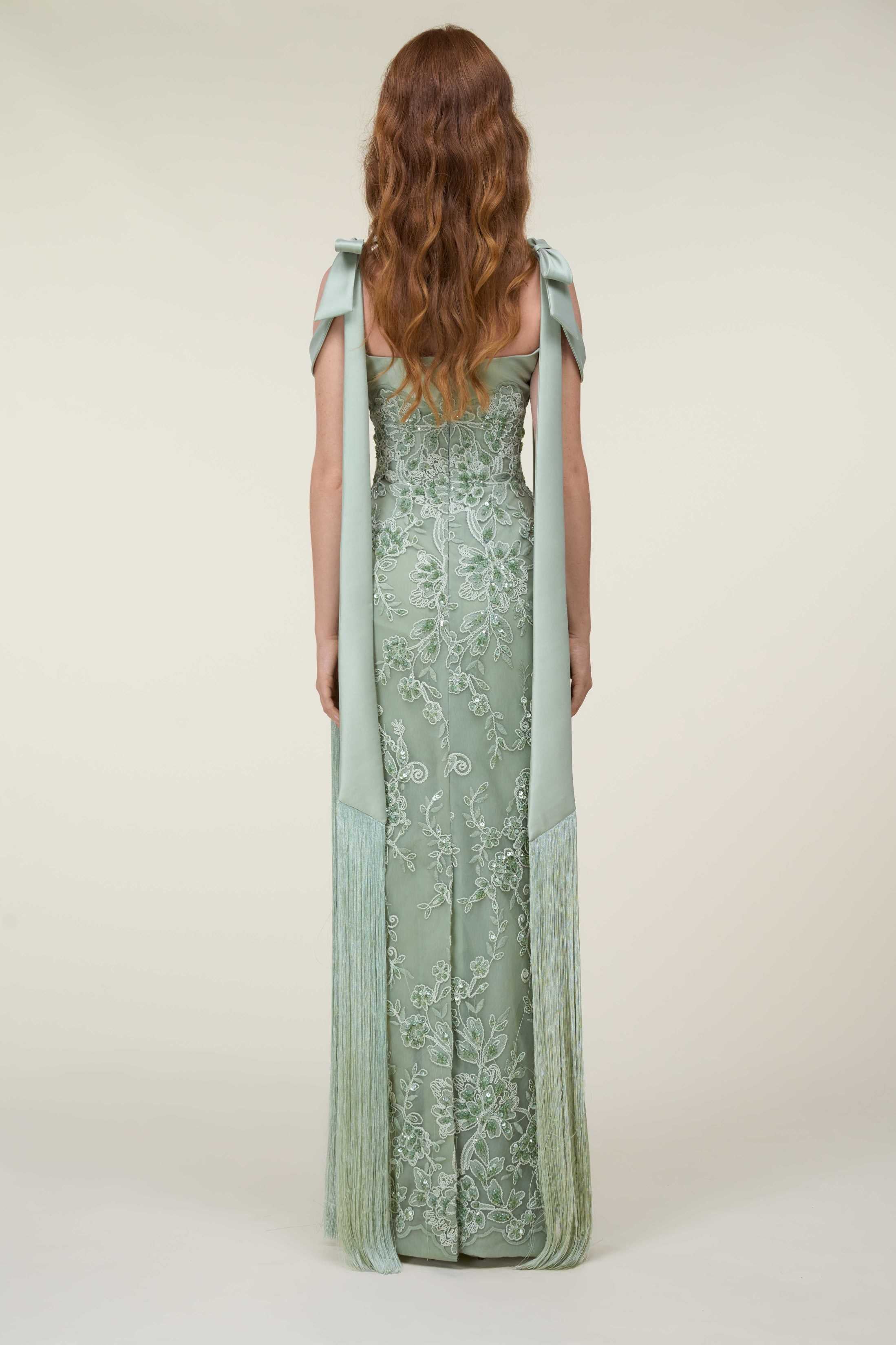 Embroidered Tubino Dress With Bow Straps And Fringe.