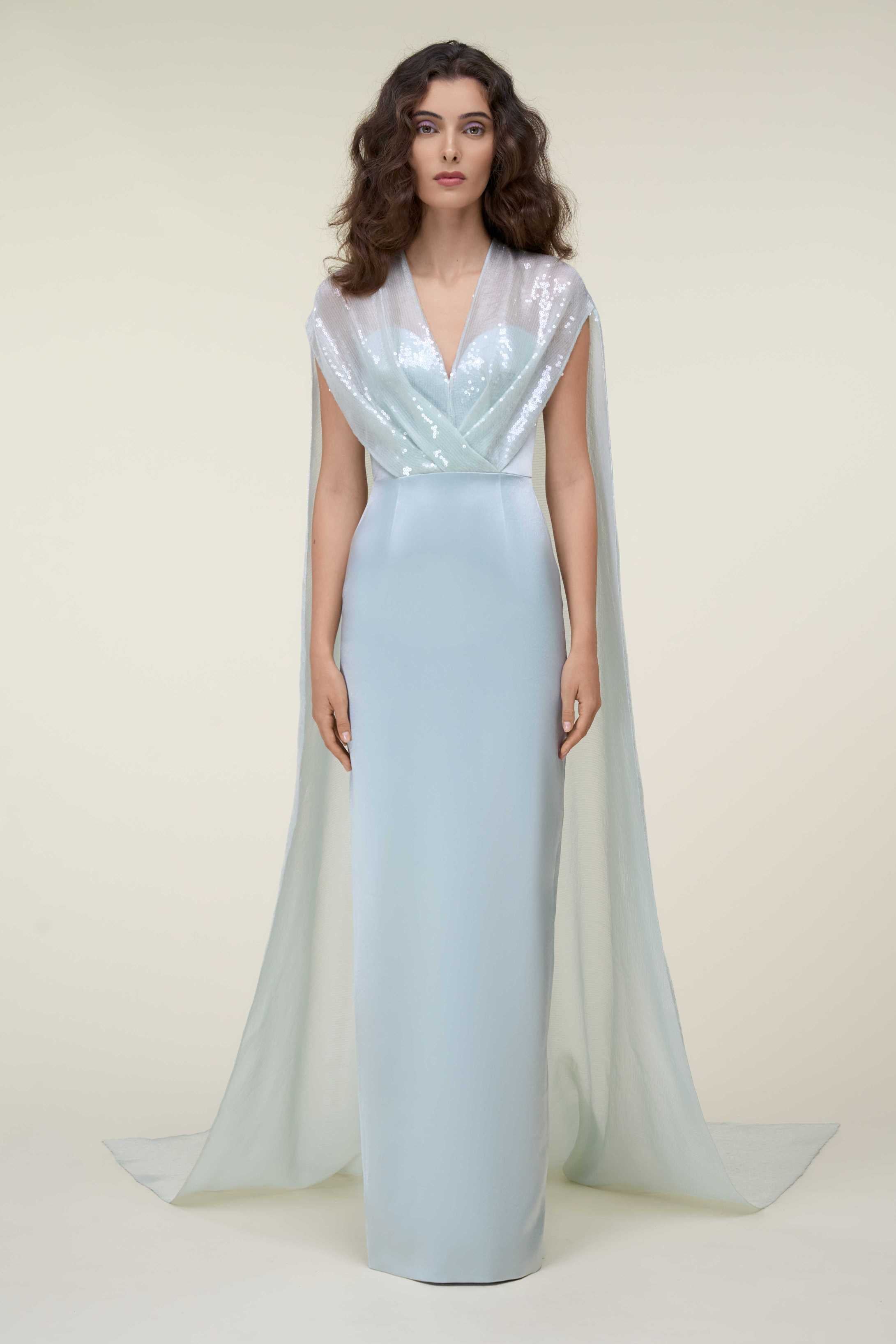 Tubino Gown With Overlap Sequined Draped Cape.