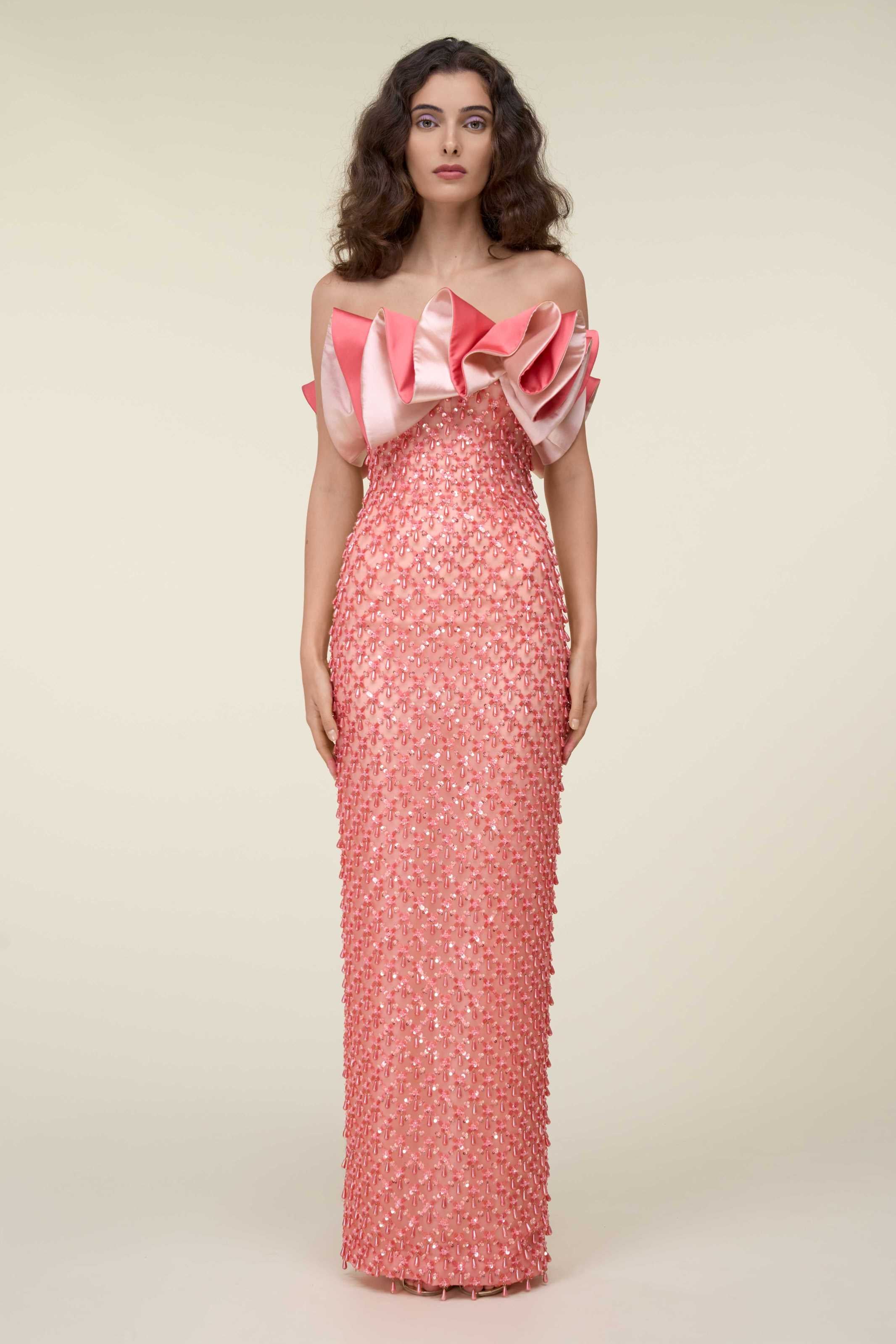 Off-Shoulder Beaded Tubino Dress With Ruffled Neckline.