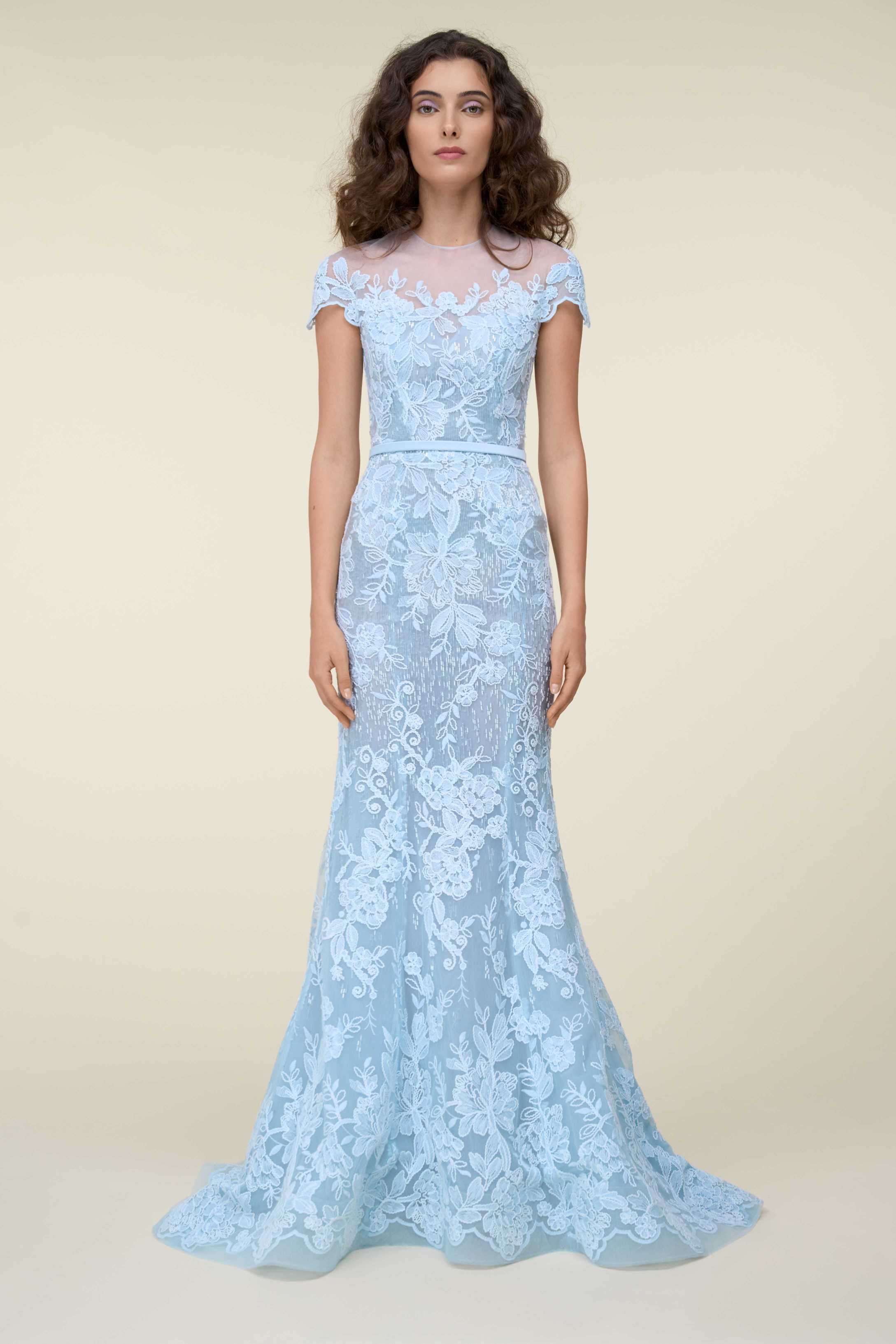 Lace Embroidered Mermaid Gown With Illusion Neckline.