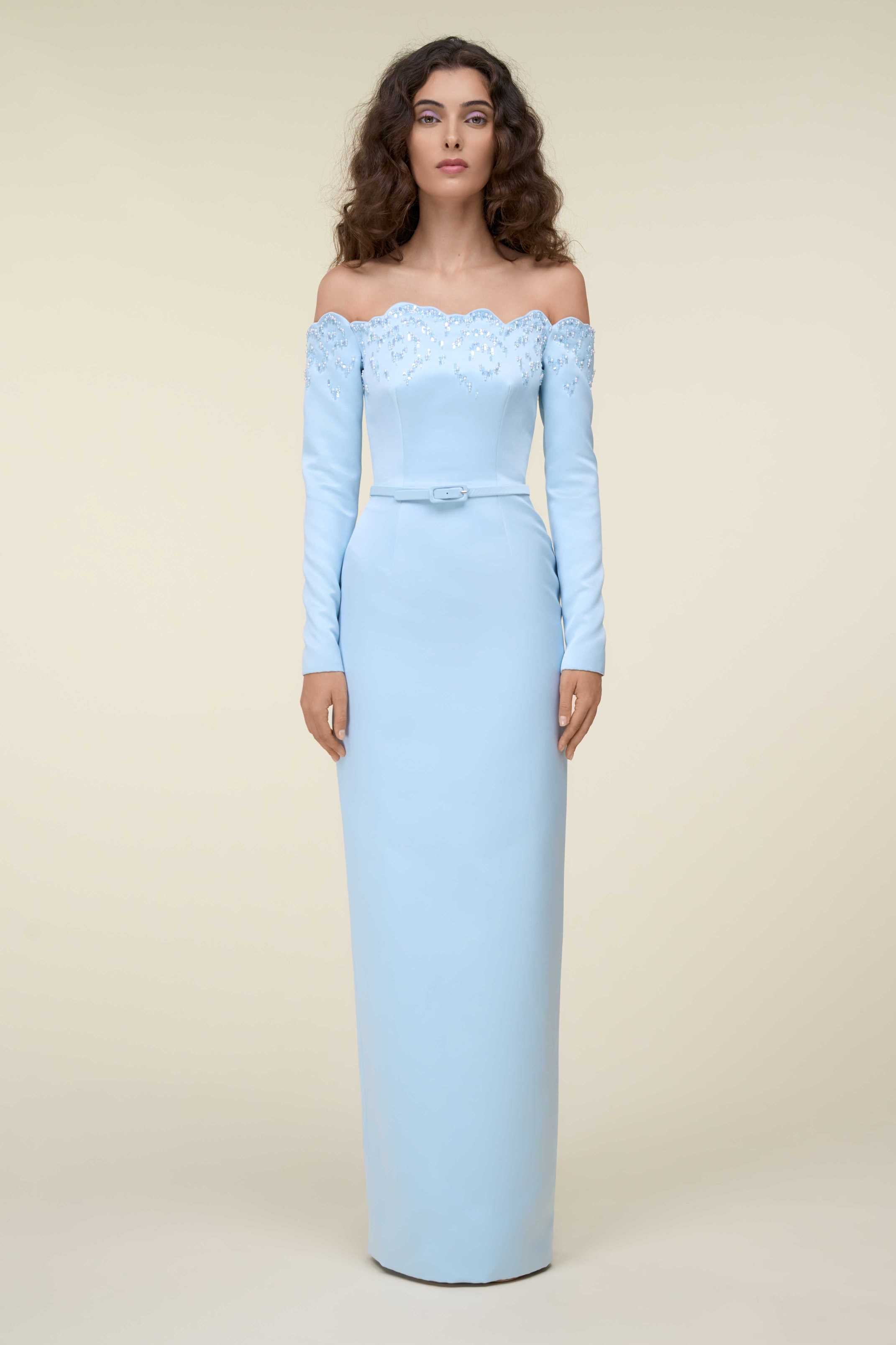 Off-shoulder embroidered tubino dress with belt.