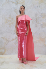 Shimmery fully sequinned dress with satin cape