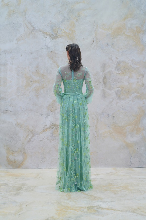 Floral Beaded Pleated Gown