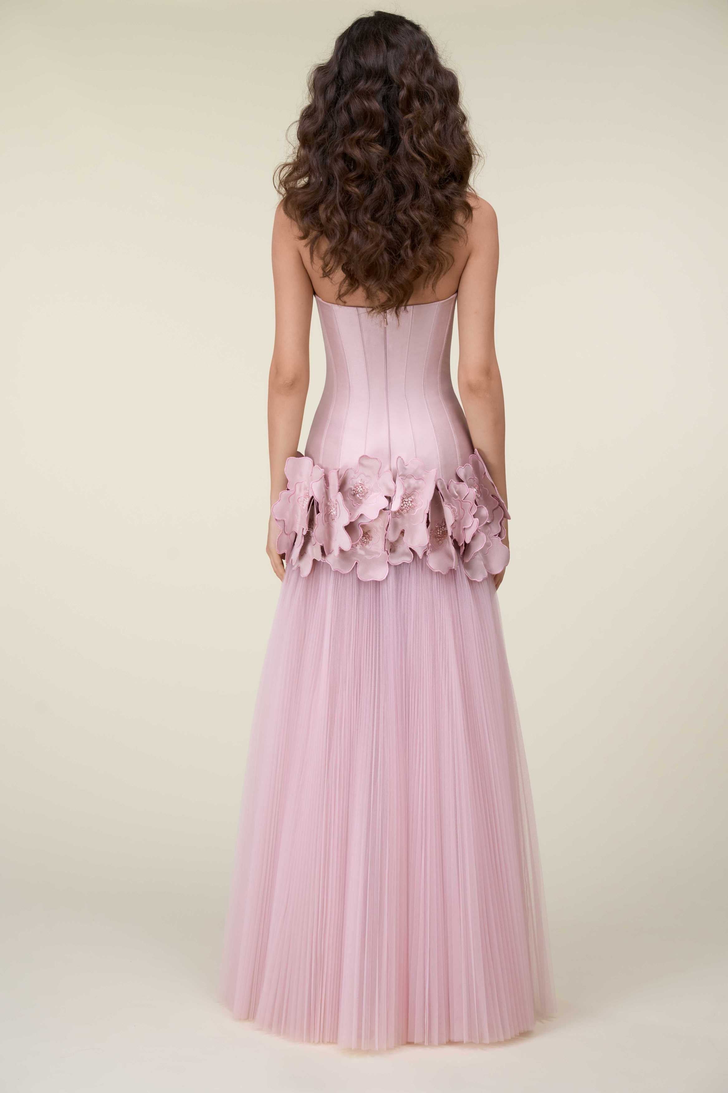 Strapless Gown With Beaded 3D Floral Appliqués And A Pleated Tulle Skirt.