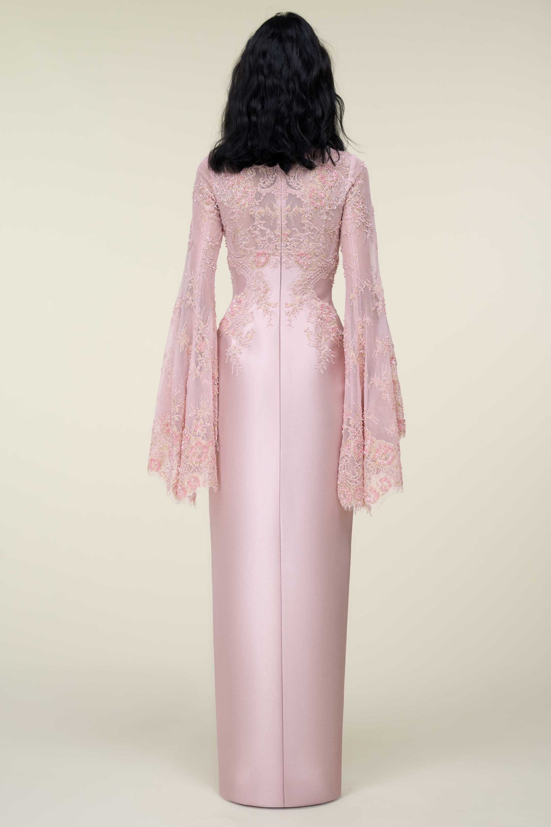 Lace-Embroidered Tubino Dress With Flared Sleeves.