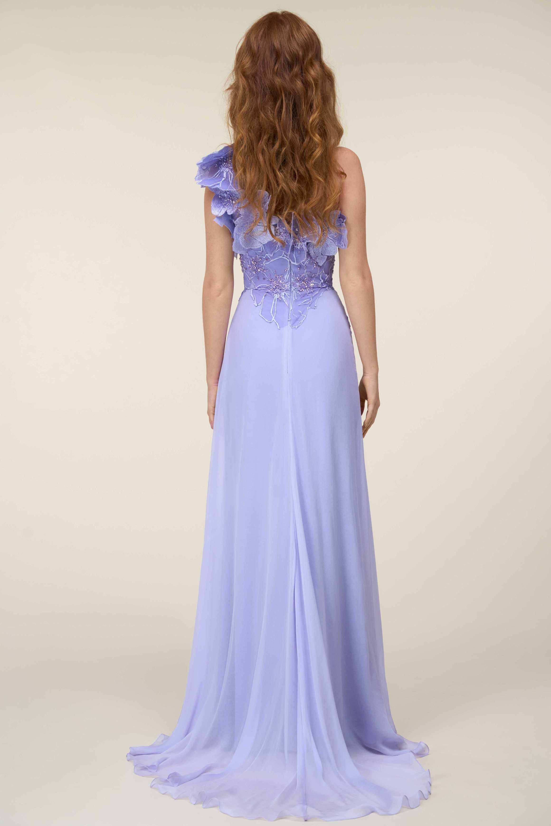 Mousseline Gown With Beaded 3D Floral Bodice And Draped Slit Skirt.
