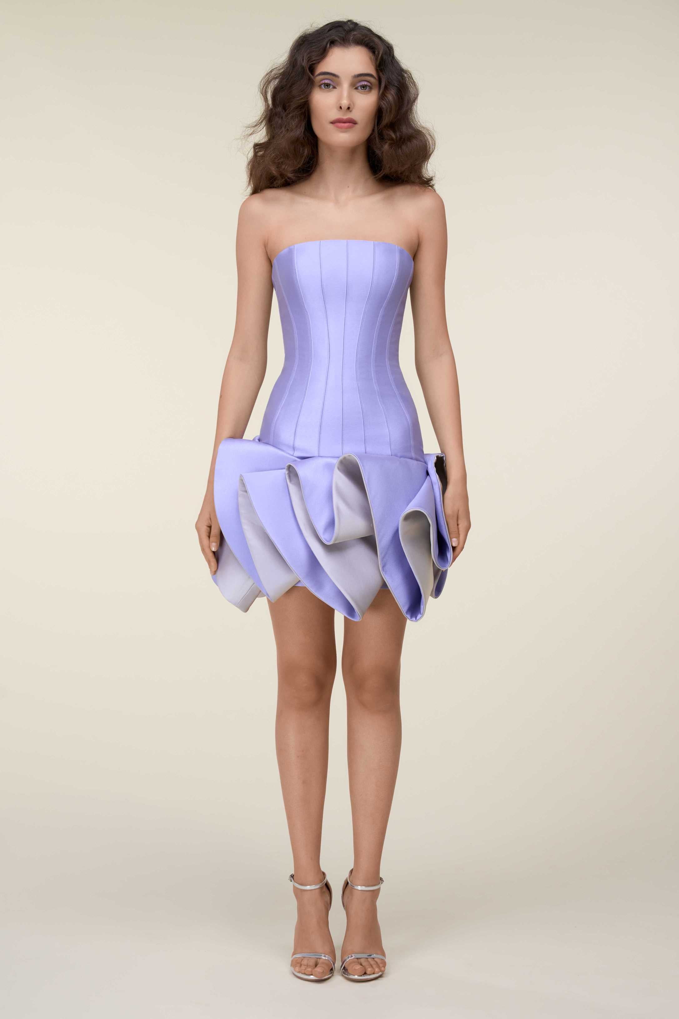 Strapless Short Dress With Corset Bodice And Sculpted Skirt.