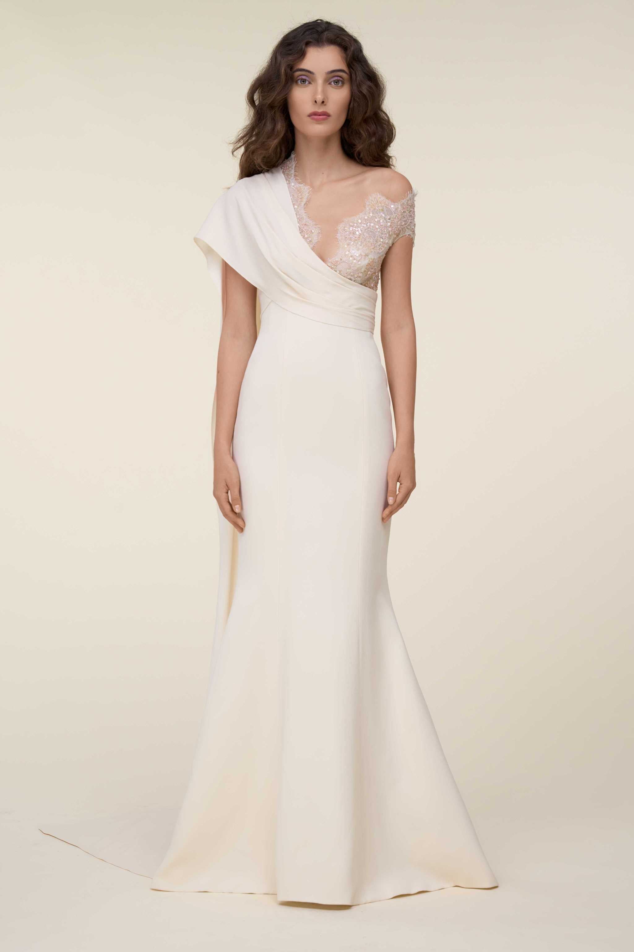 Asymmetric Draped Gown With Fully Beaded Lace Illusion Detail.