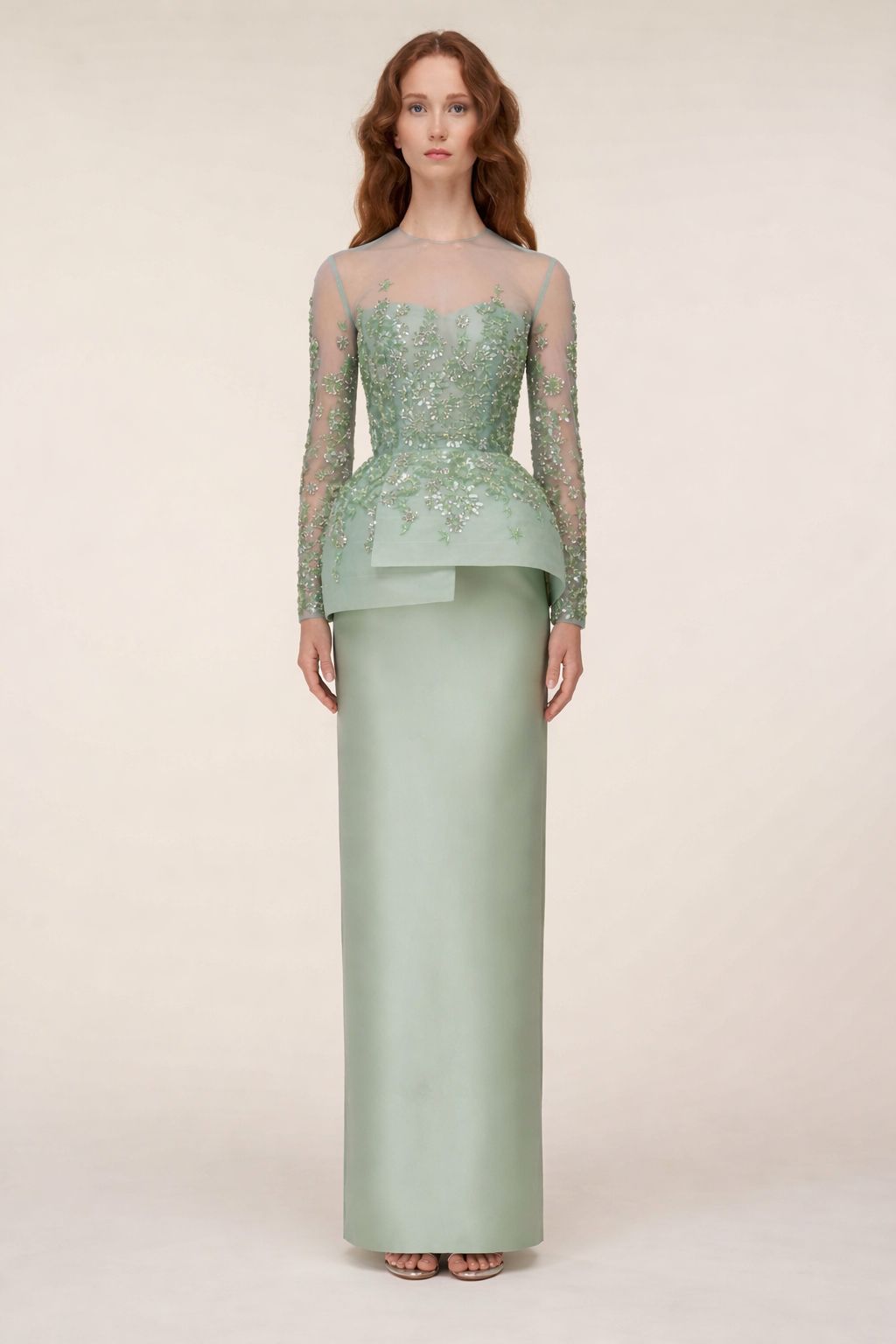 Fully Beaded Full-Length Tubino With Illusion Neckline And Peplum.