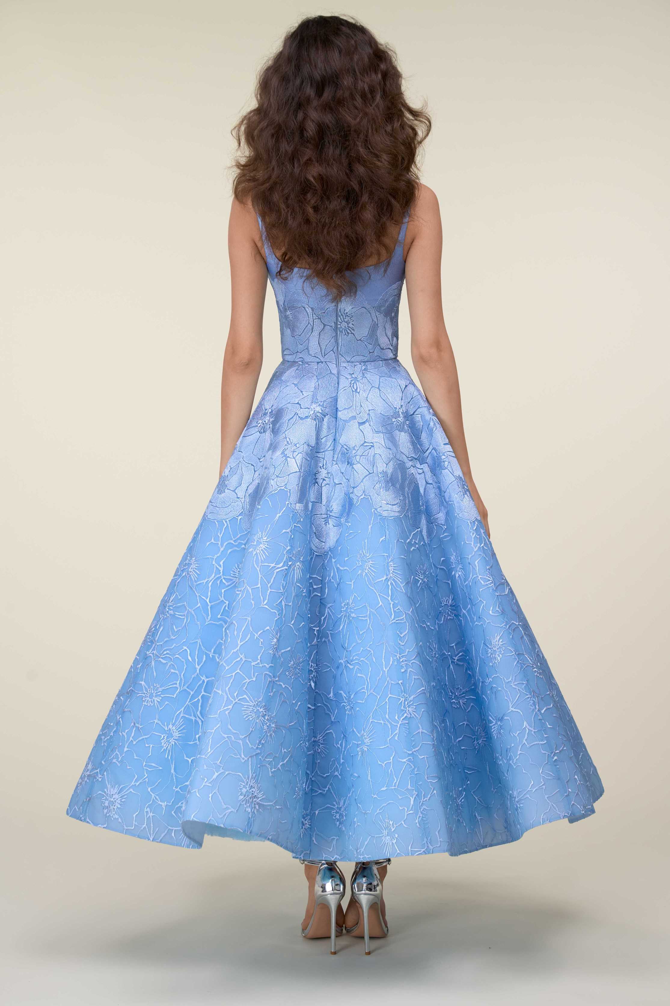 Voluminous Tea-Length Floral Dress With Sweetheart Neckline.