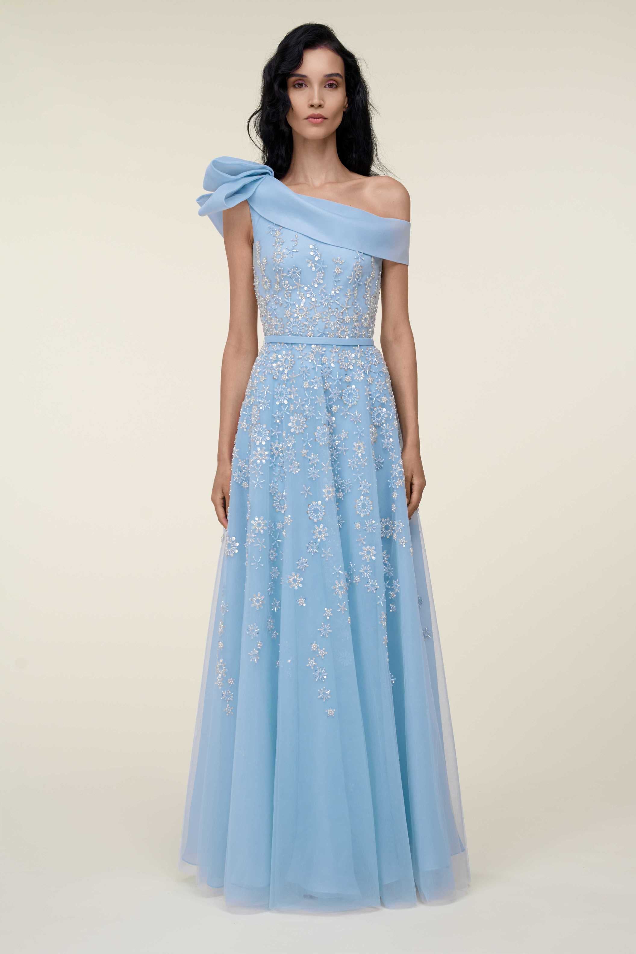 Off-Shoulder Embroidered Gown With Bow Detail.