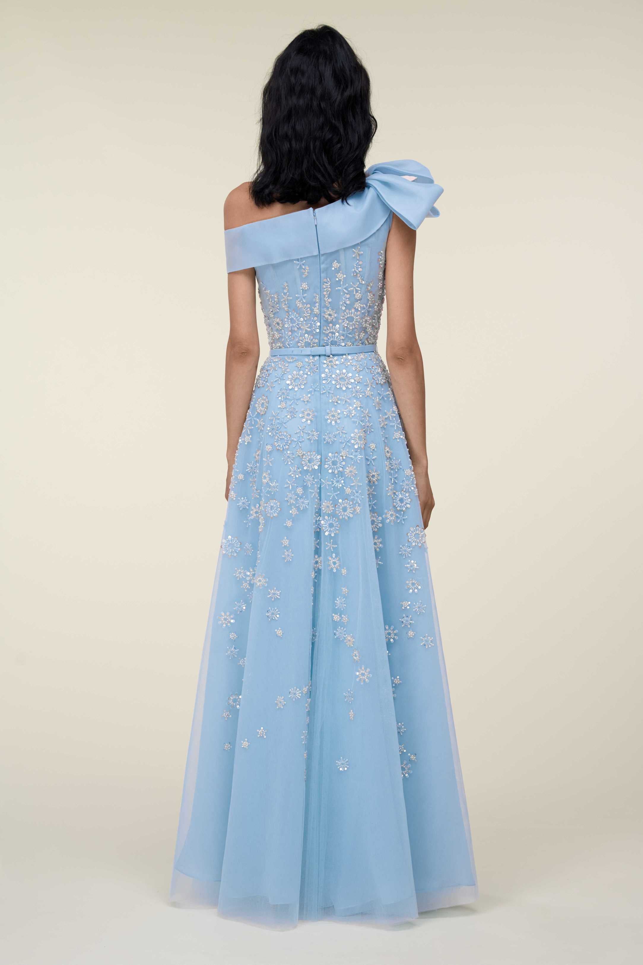 Off-Shoulder Embroidered Gown With Bow Detail.