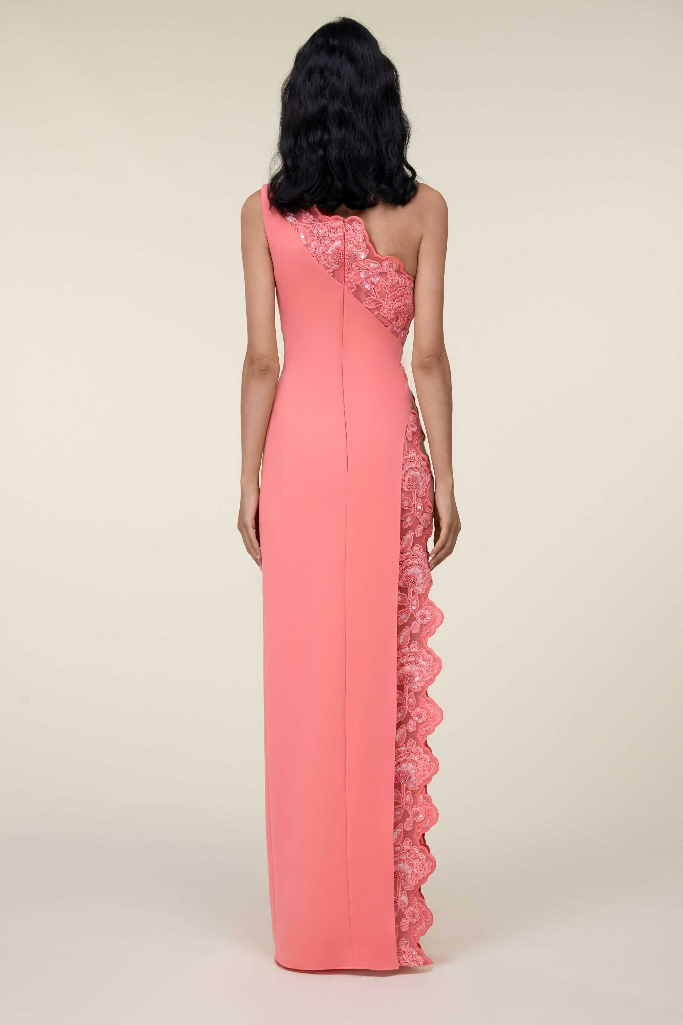 One-Shoulder Lace Tubino Dress With Draped Overlay.