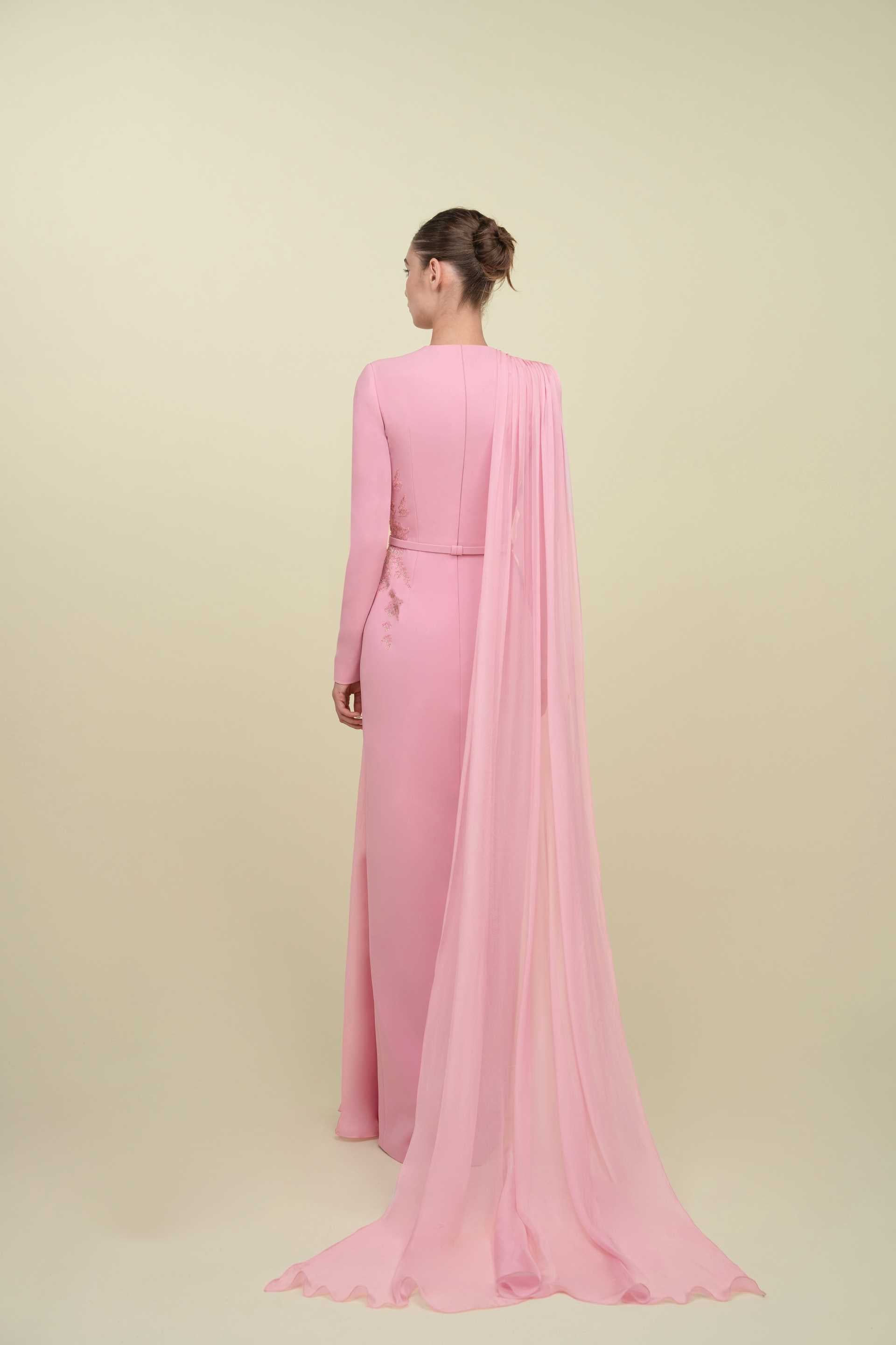 Fitted Gown With Embroidery And Draped Mousseline Overlay
