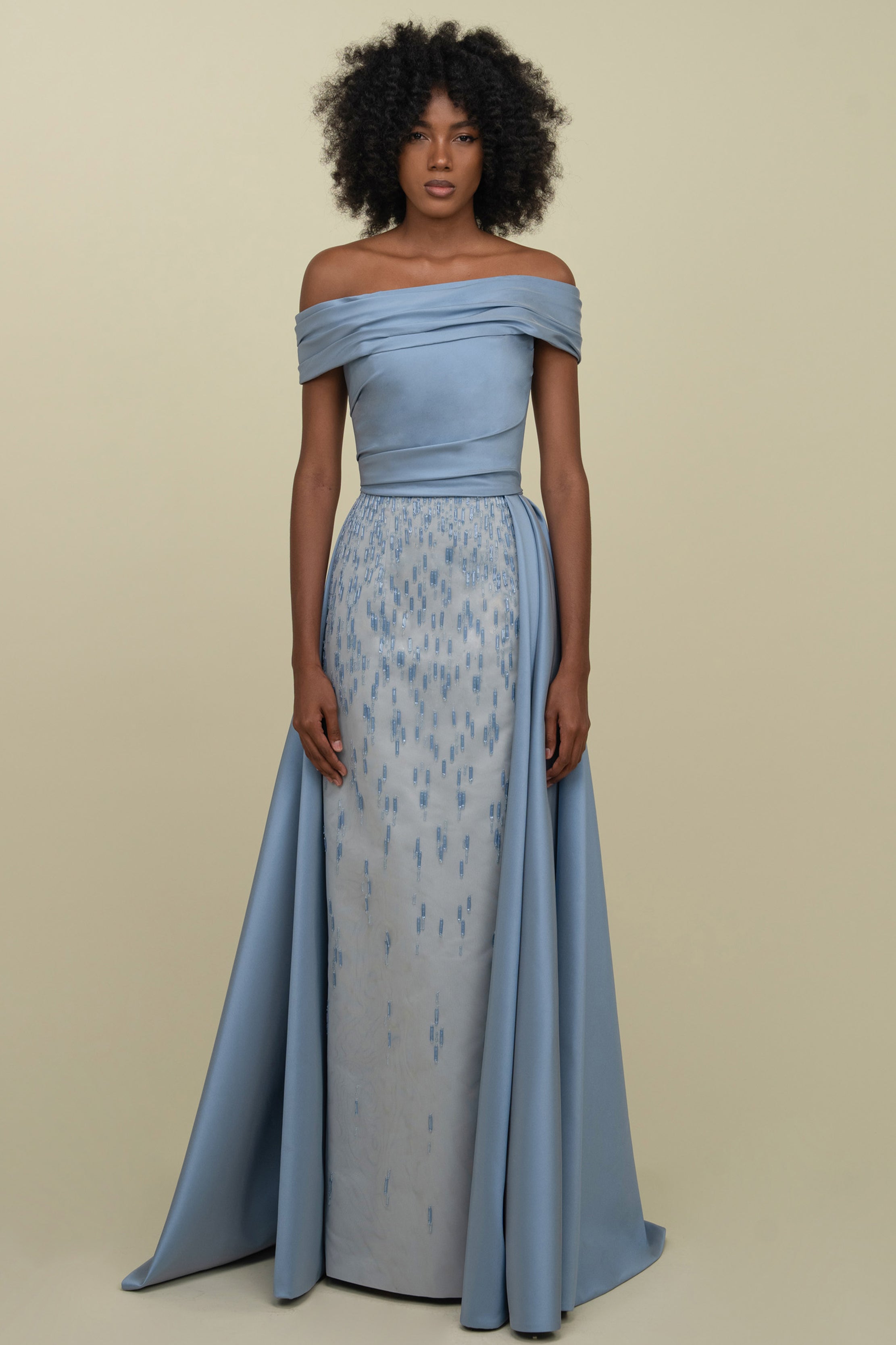 Asymmetric Off-Shoulder Beaded Gown With Overskirt