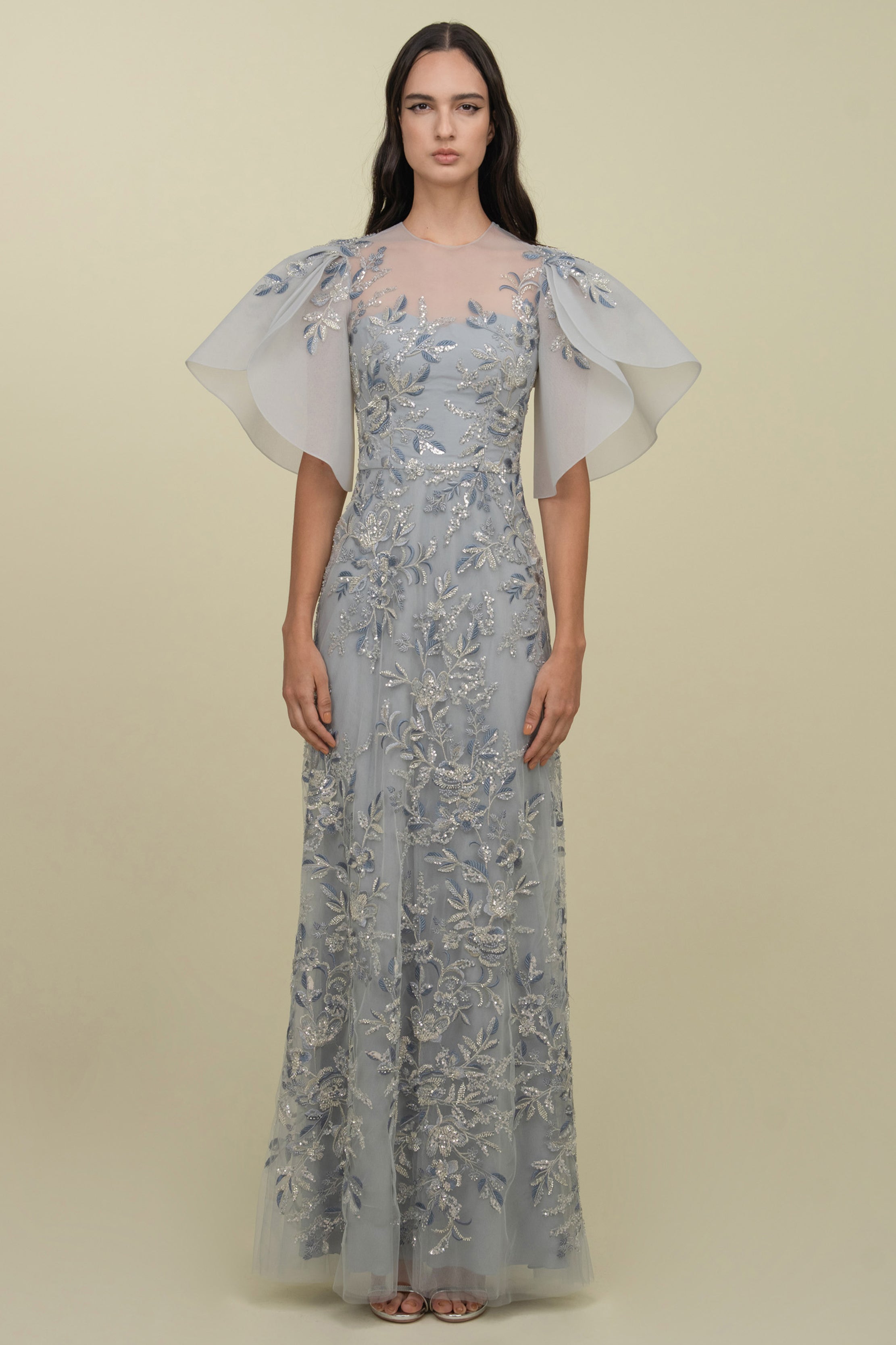 Fully Embroidered Gown With Structured Sleeves