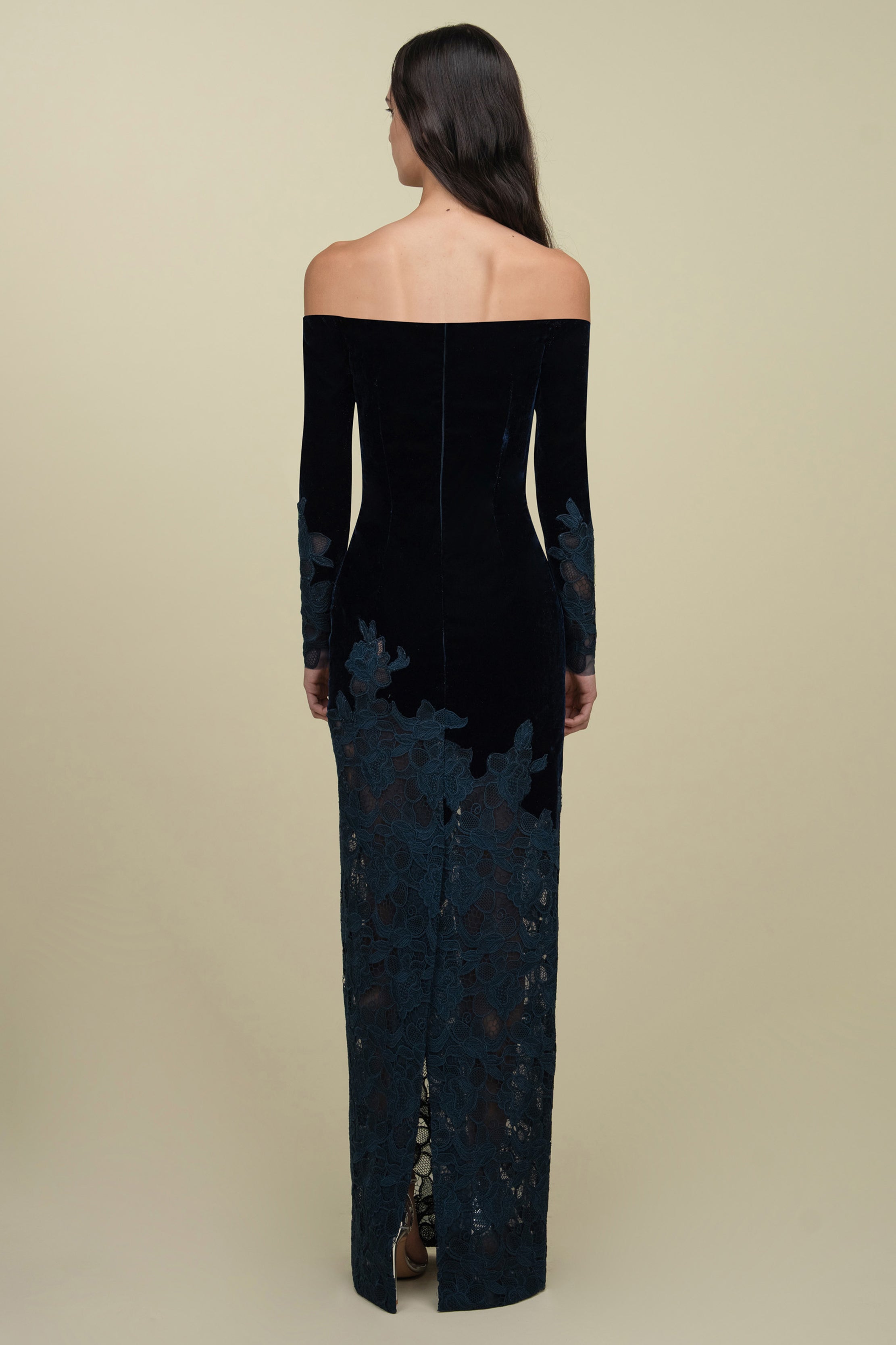 Off-Shoulder Velvet Gown With Lace Appliqué