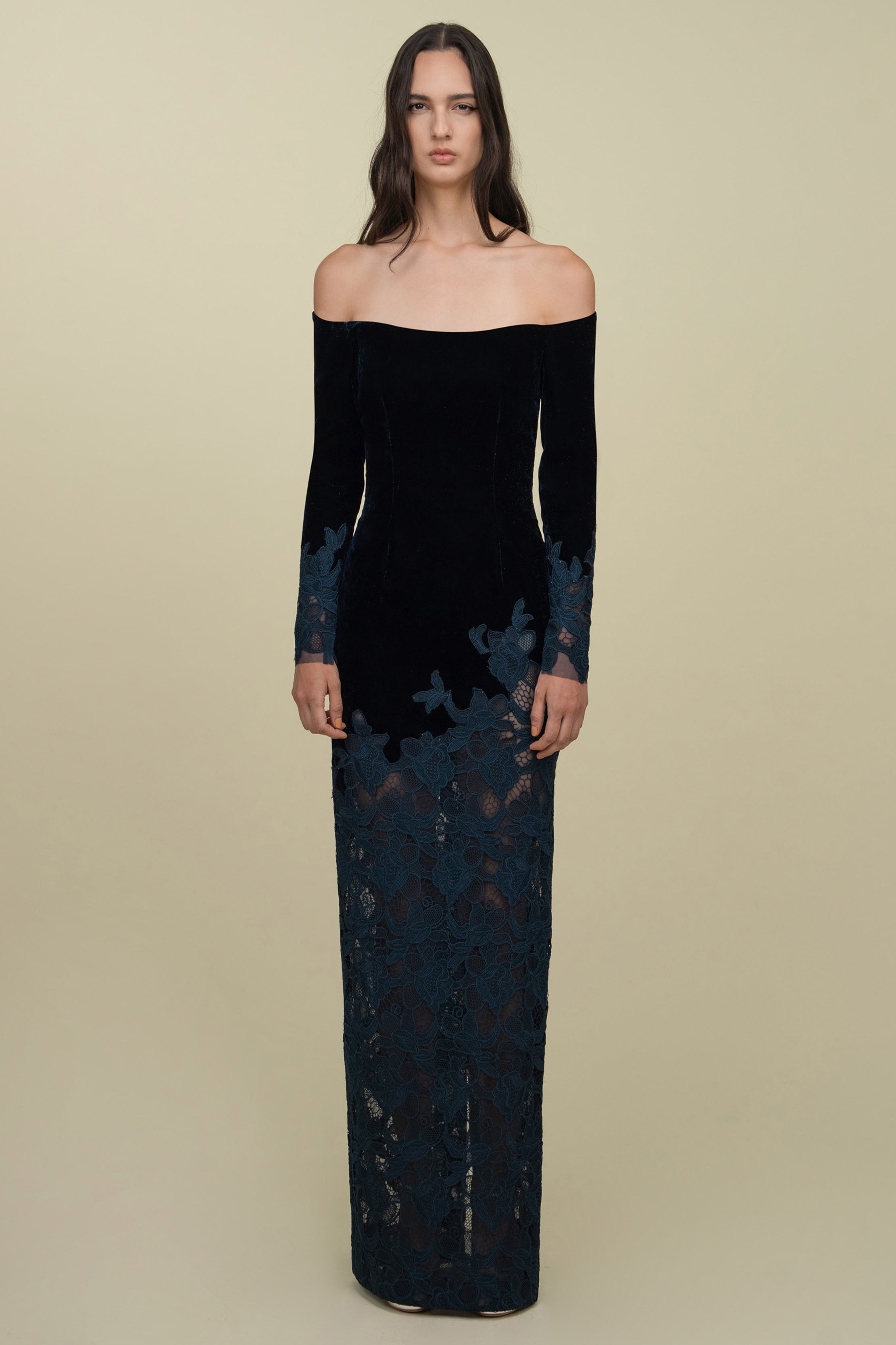 Off-Shoulder Velvet Gown With Lace Appliqué