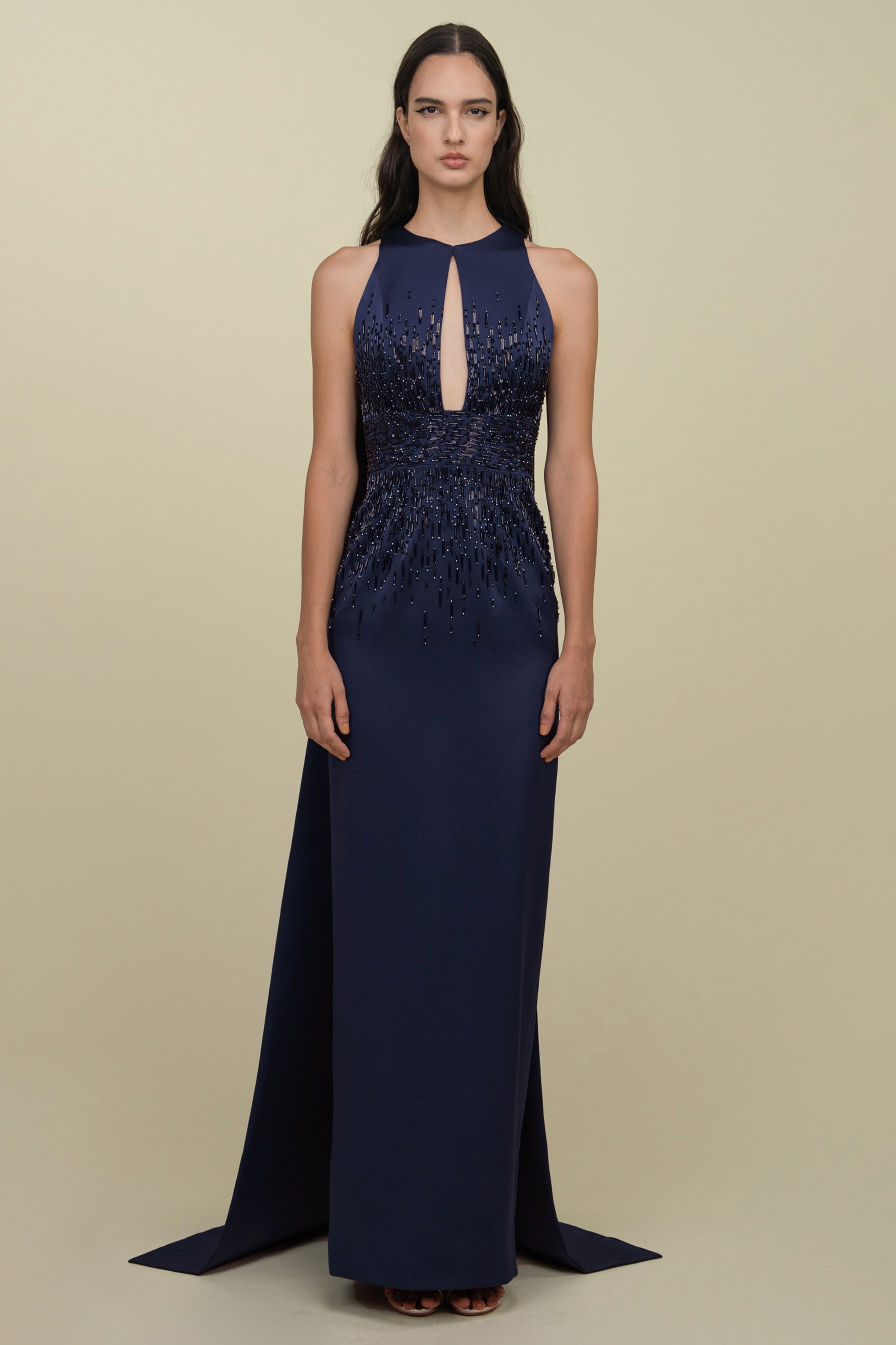 Beaded Gown With Triangular Keyhole And Cape