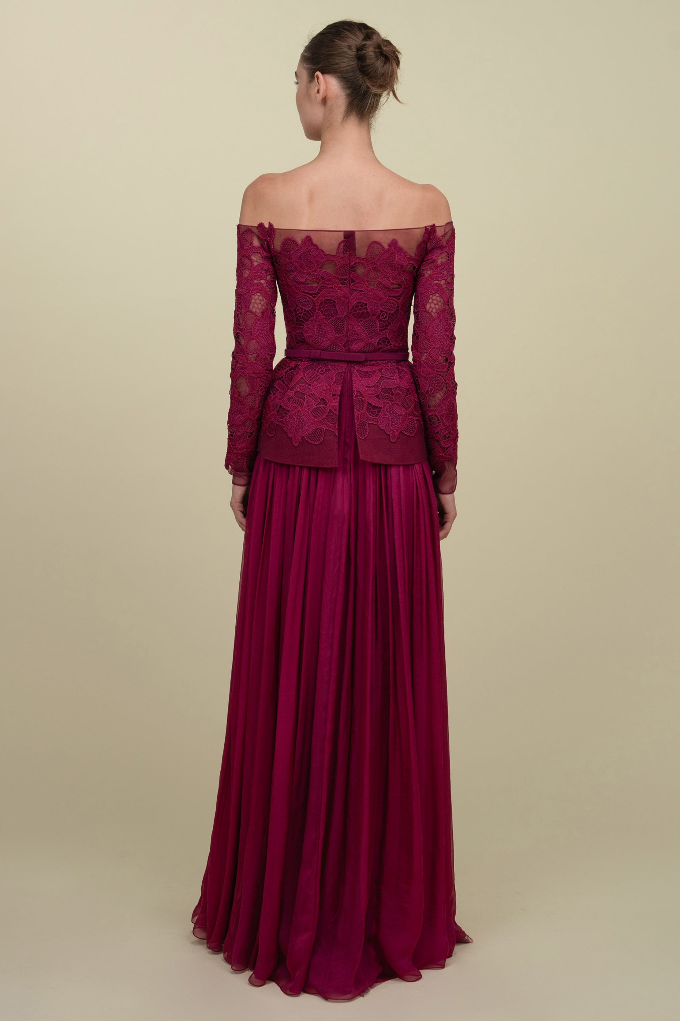 Off-Shoulder Gown With Peplum Top And Mousseline Skirt