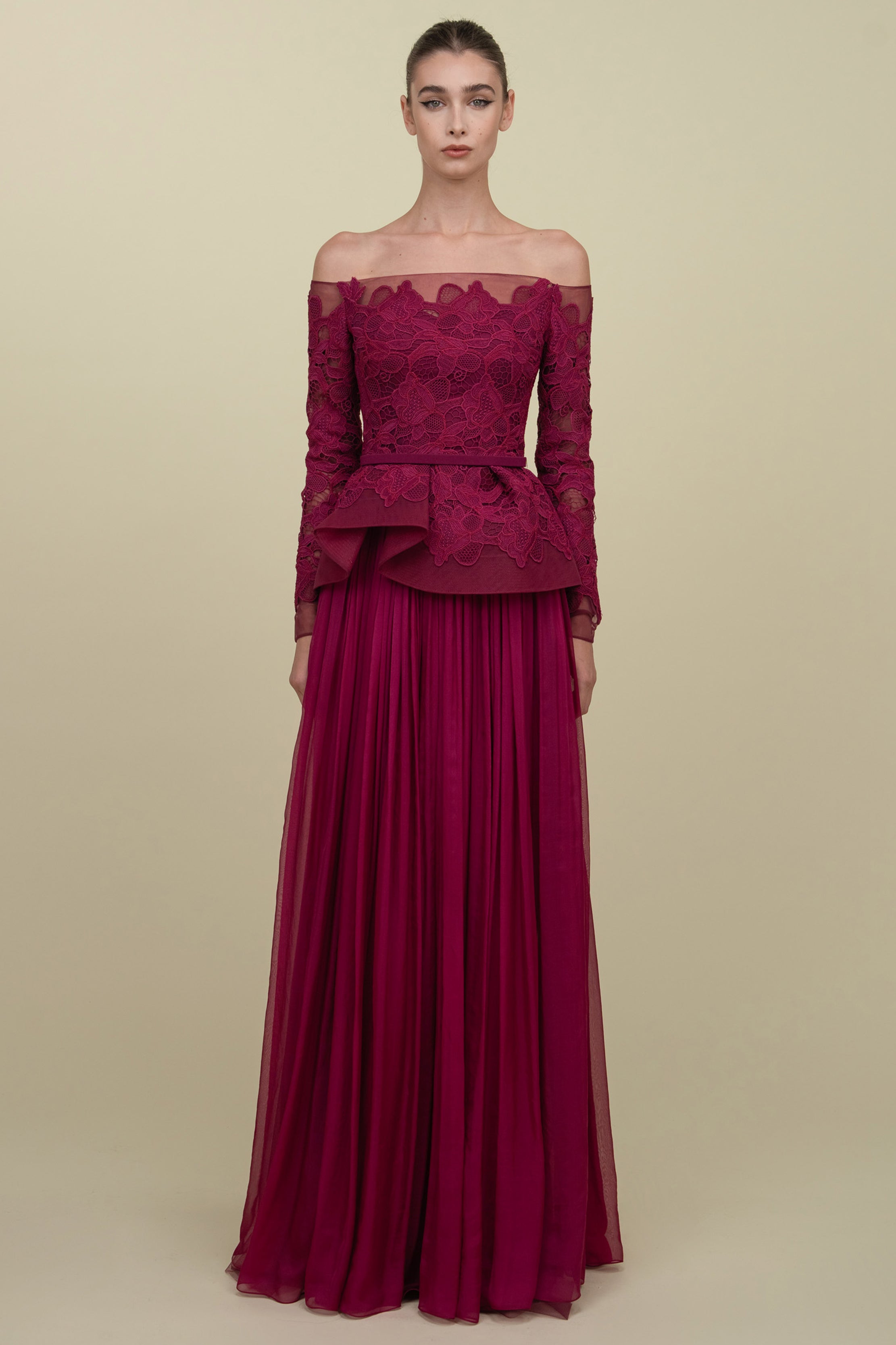Off-Shoulder Gown With Peplum Top And Mousseline Skirt
