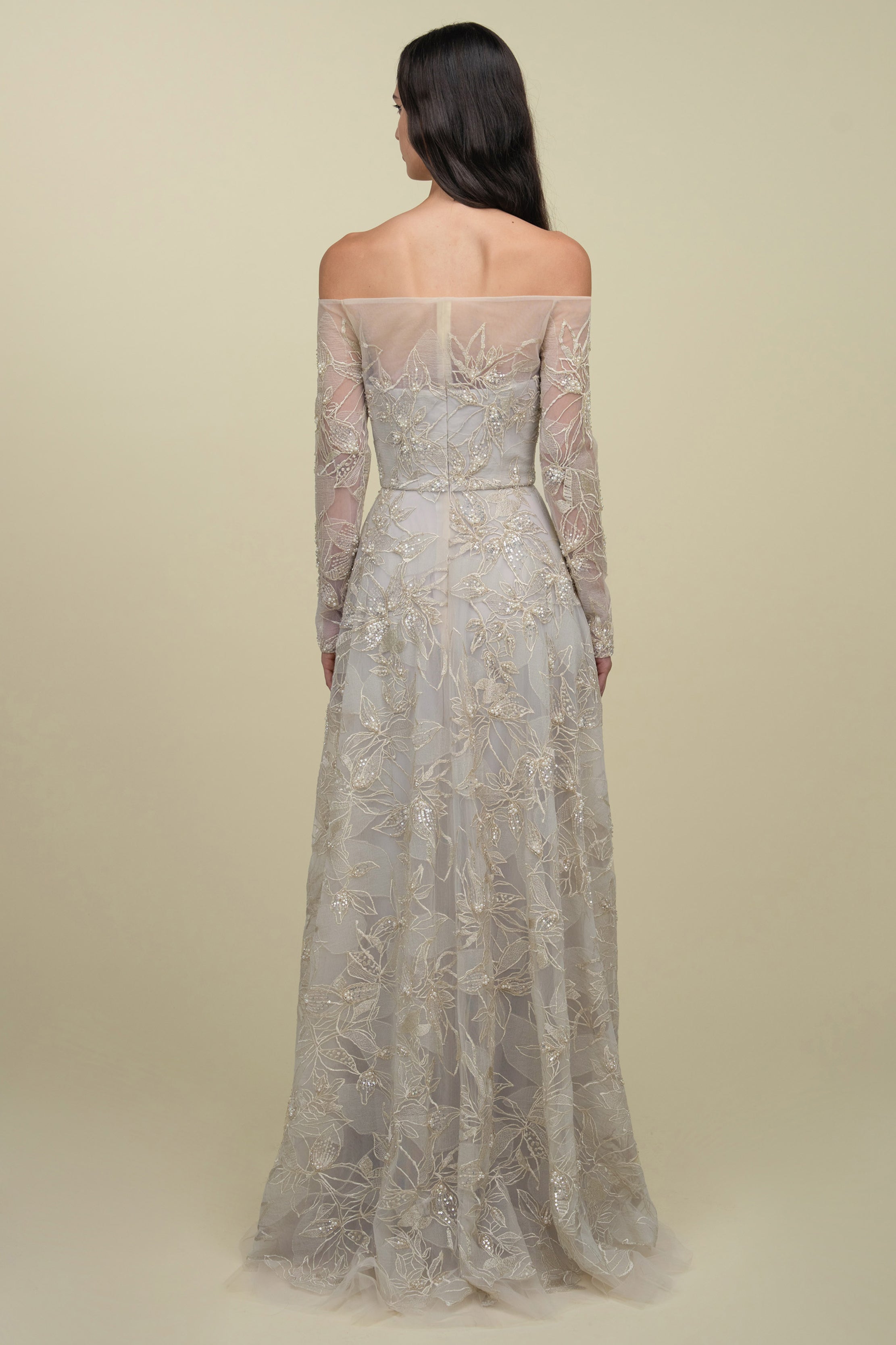 Fully Beaded Off-Shoulder Lace Gown