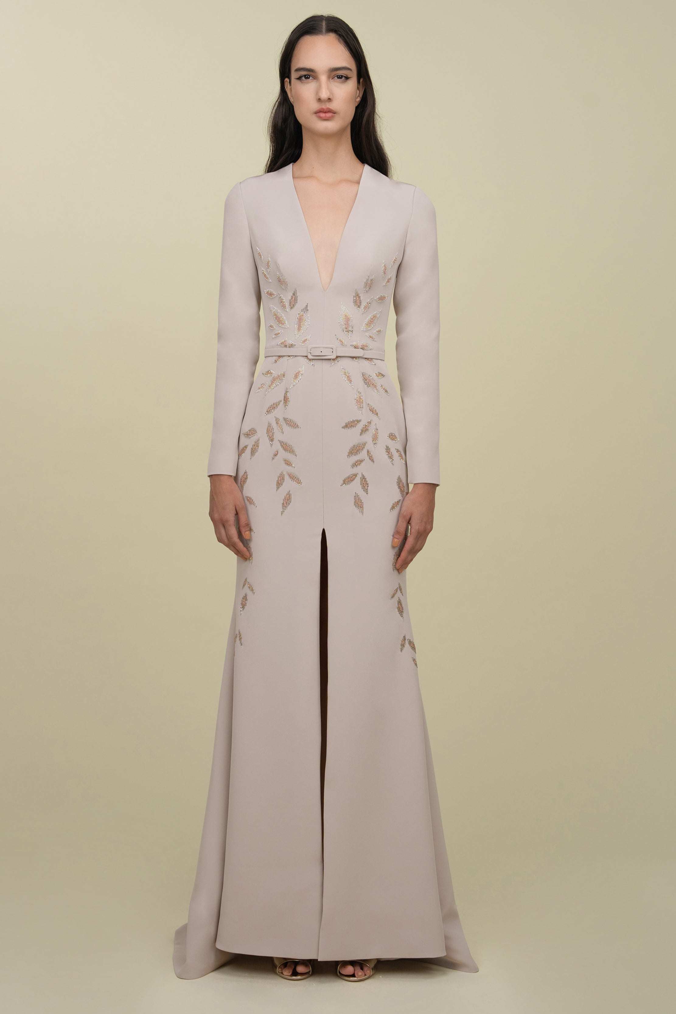 Sleek Gown With Deep Neckline And Intricate Embroidery