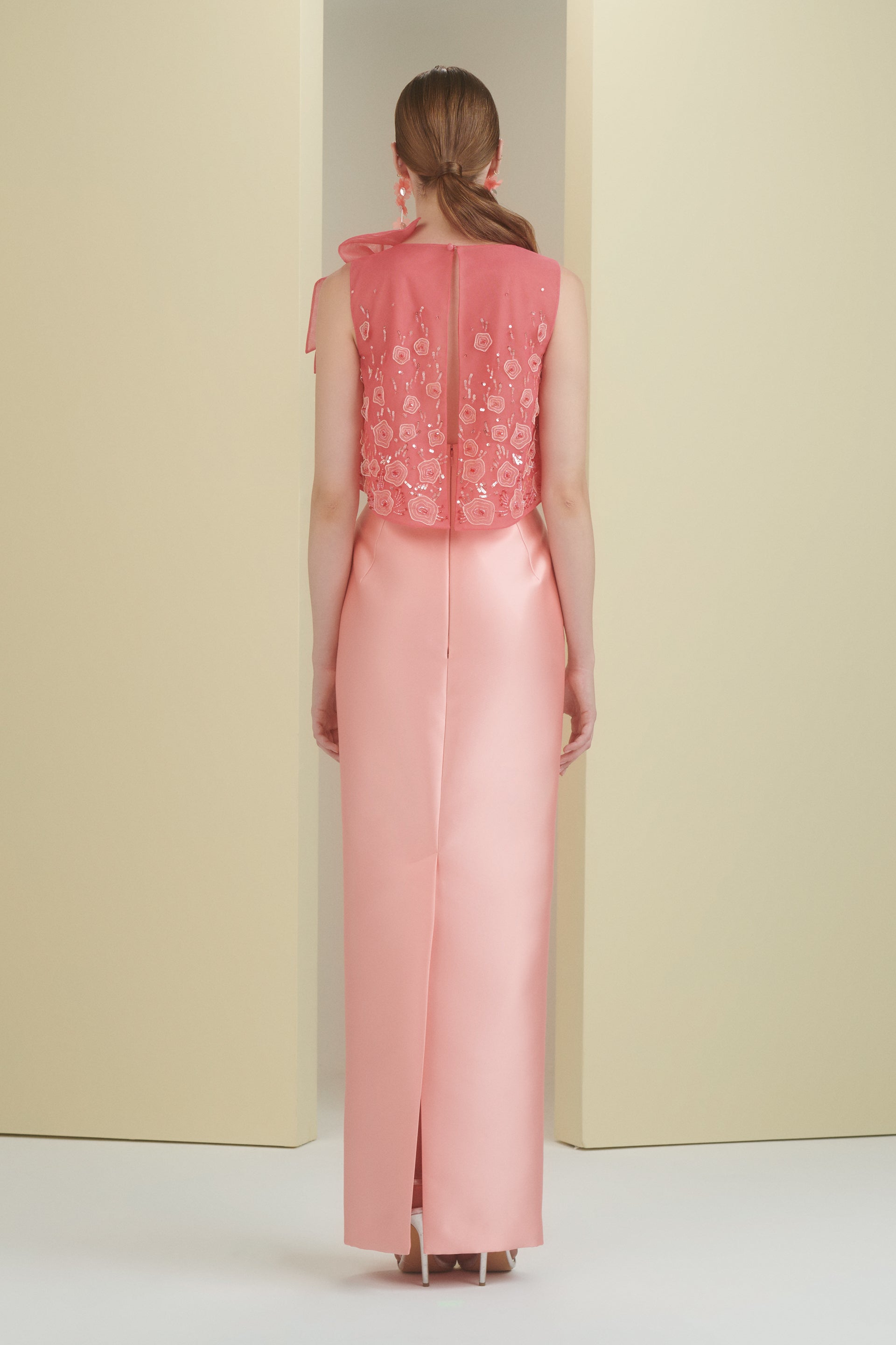 tulle top, column skirt, cut outs, beaded top, long dress, evening seperates, top with bow, peach skirt, red top, fitted skirt, beaded dress, 3d embellished top, red carpet outfit, ready to wear designer, evening dress Dubai, buy dress Dubai, fashion designer Dubai, SS24 collection, Spring summer collection, gala dress