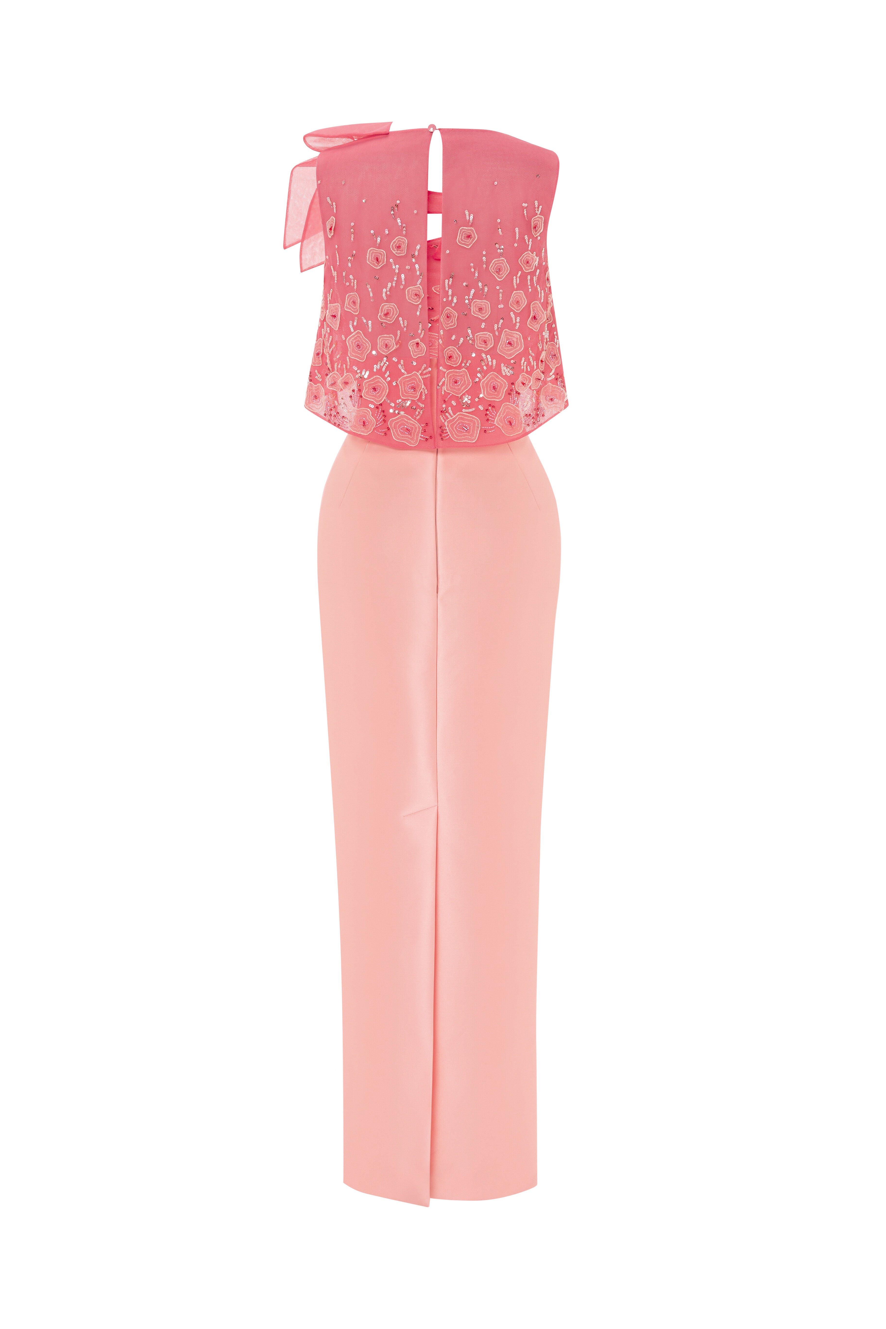 tulle top, column skirt, cut outs, beaded top, long dress, evening seperates, top with bow, peach skirt, red top, fitted skirt, beaded dress, 3d embellished top, red carpet outfit, ready to wear designer, evening dress Dubai, buy dress Dubai, fashion designer Dubai, SS24 collection, Spring summer collection, gala dress