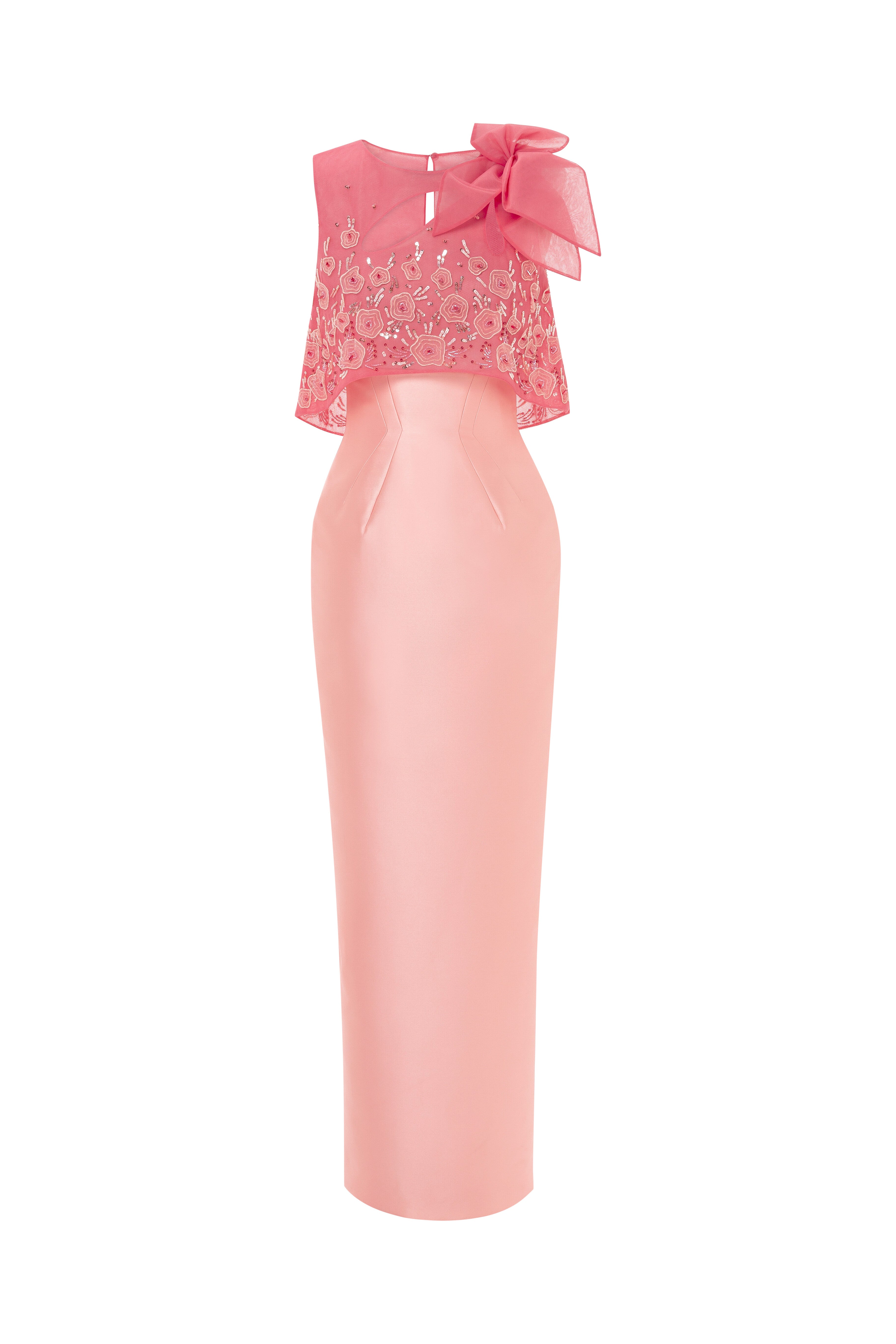 tulle top, column skirt, cut outs, beaded top, long dress, evening seperates, top with bow, peach skirt, red top, fitted skirt, beaded dress, 3d embellished top, red carpet outfit, ready to wear designer, evening dress Dubai, buy dress Dubai, fashion designer Dubai, SS24 collection, Spring summer collection, gala dress