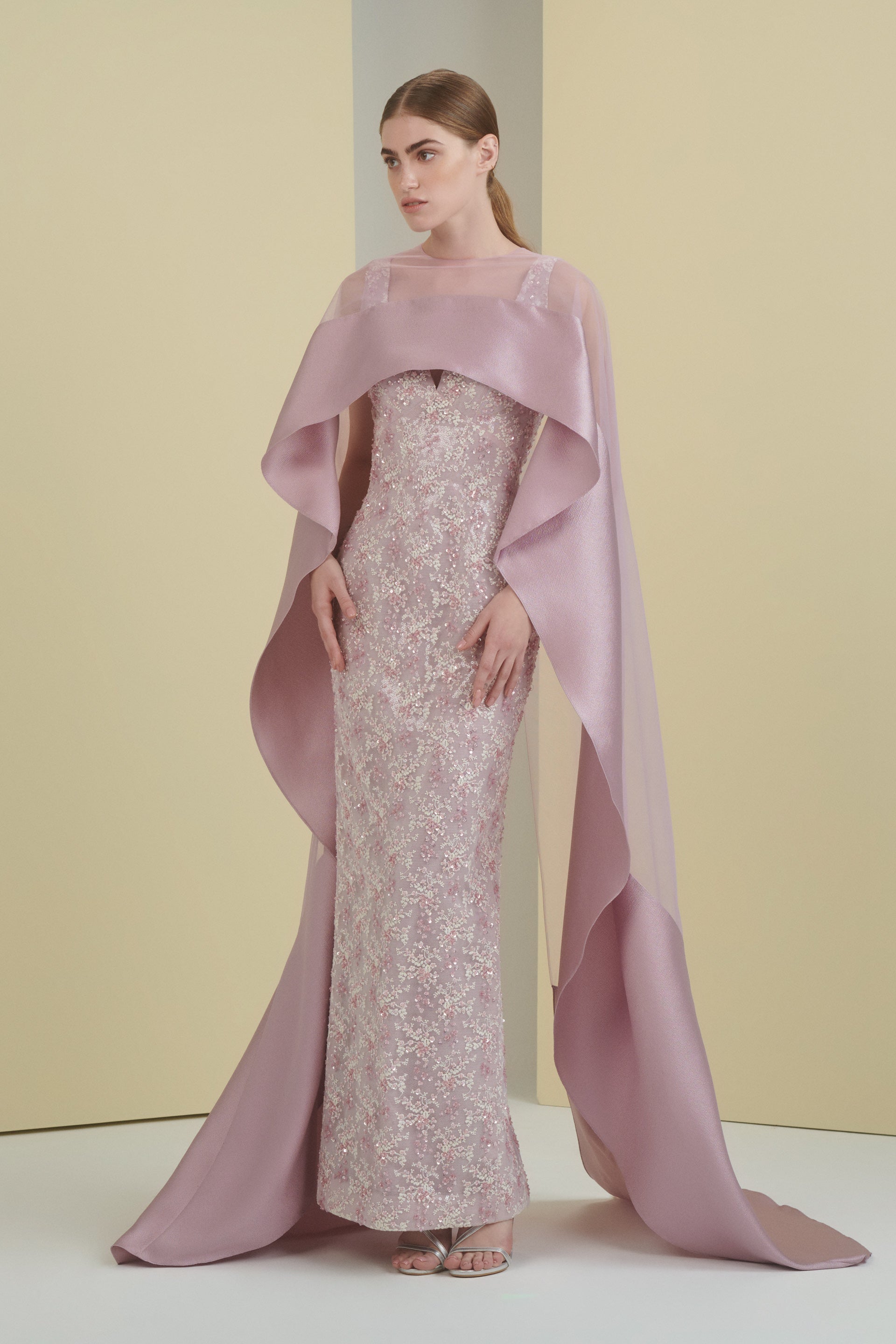 mother of the bride, cape dress, column dress, seperates, cape, tulle cape, long dress, evening dress, lavender, fitted dress, beading dress, waterfall cape, 3d embellished dress, red carpet dress, strapless dress, ready to wear designer, evening dress Dubai, buy dress Dubai, fashion designer Dubai, SS24 collection, Spring summer collection, gala dress