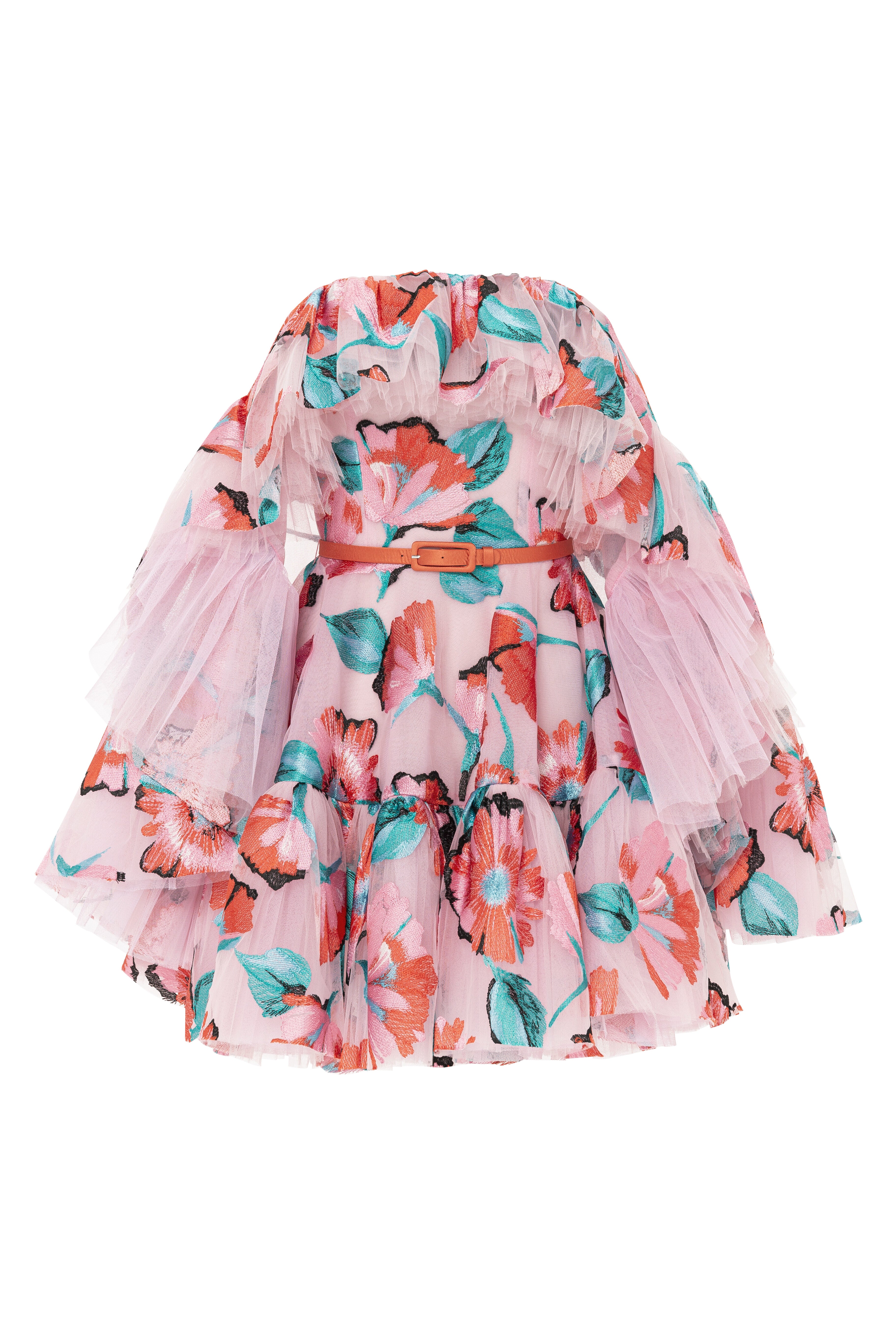 party dress, mini dress, floral, tulle mini dress, colourful, pink dress, box dress, flowers, embroidery, red carpet dress, strapless dress, ready to wear designer, evening dress Dubai, buy dress Dubai, fashion designer Dubai, SS24 collection, Spring summer collection, gala dress