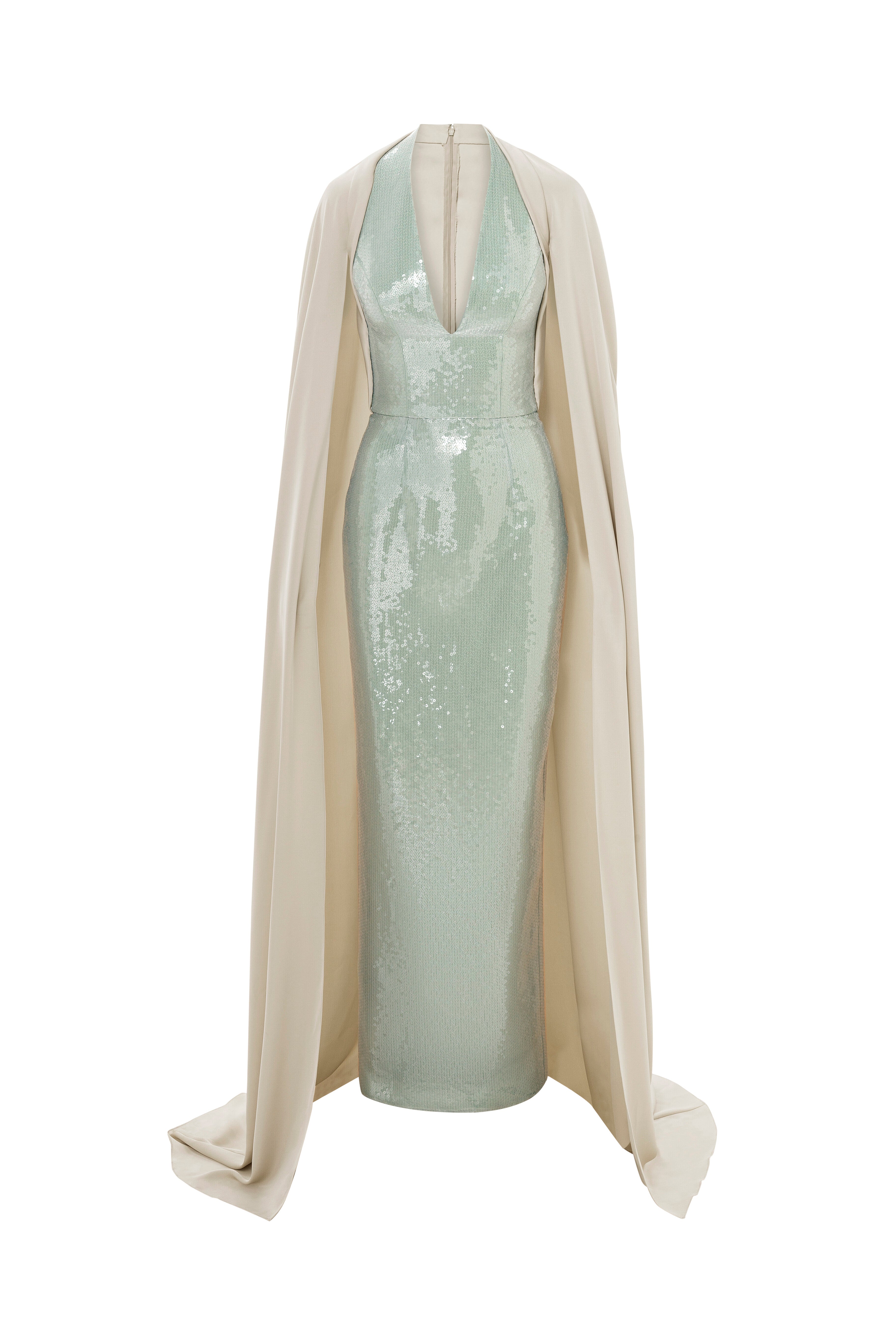 v neckline dress, column dress, sequin dress, green dress, satin cape, full length, cape dress, mother of the bride, long dress, evening dress, green dress, fitted dress, beading dress, red carpet dress, plunge neckline dress, ready to wear designer, evening dress Dubai, buy dress Dubai, fashion designer Dubai, SS24 collection, Spring summer collection, gala dress