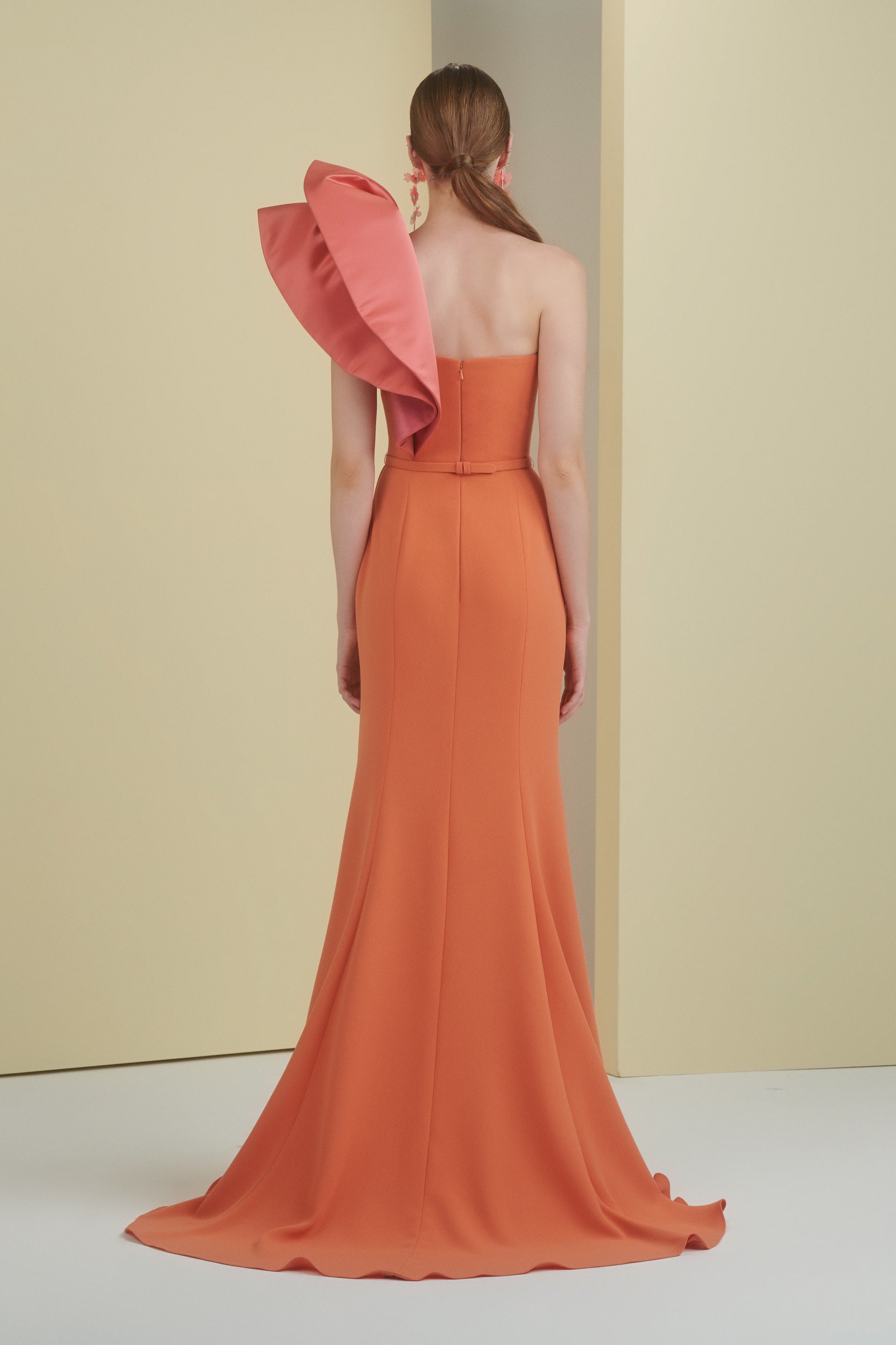 long dress with slit, dress with slit, mermaid dress, orange dress, full length, tangerine dress, ruffle dress, colour block dress, long dress, evening dress, fitted dress, one shoulder dress, asymmetrical neckline dress, red carpet dress, strapless dress, ready to wear designer, evening dress Dubai, buy dress Dubai, fashion designer Dubai, SS24 collection, Spring summer collection, gala dress