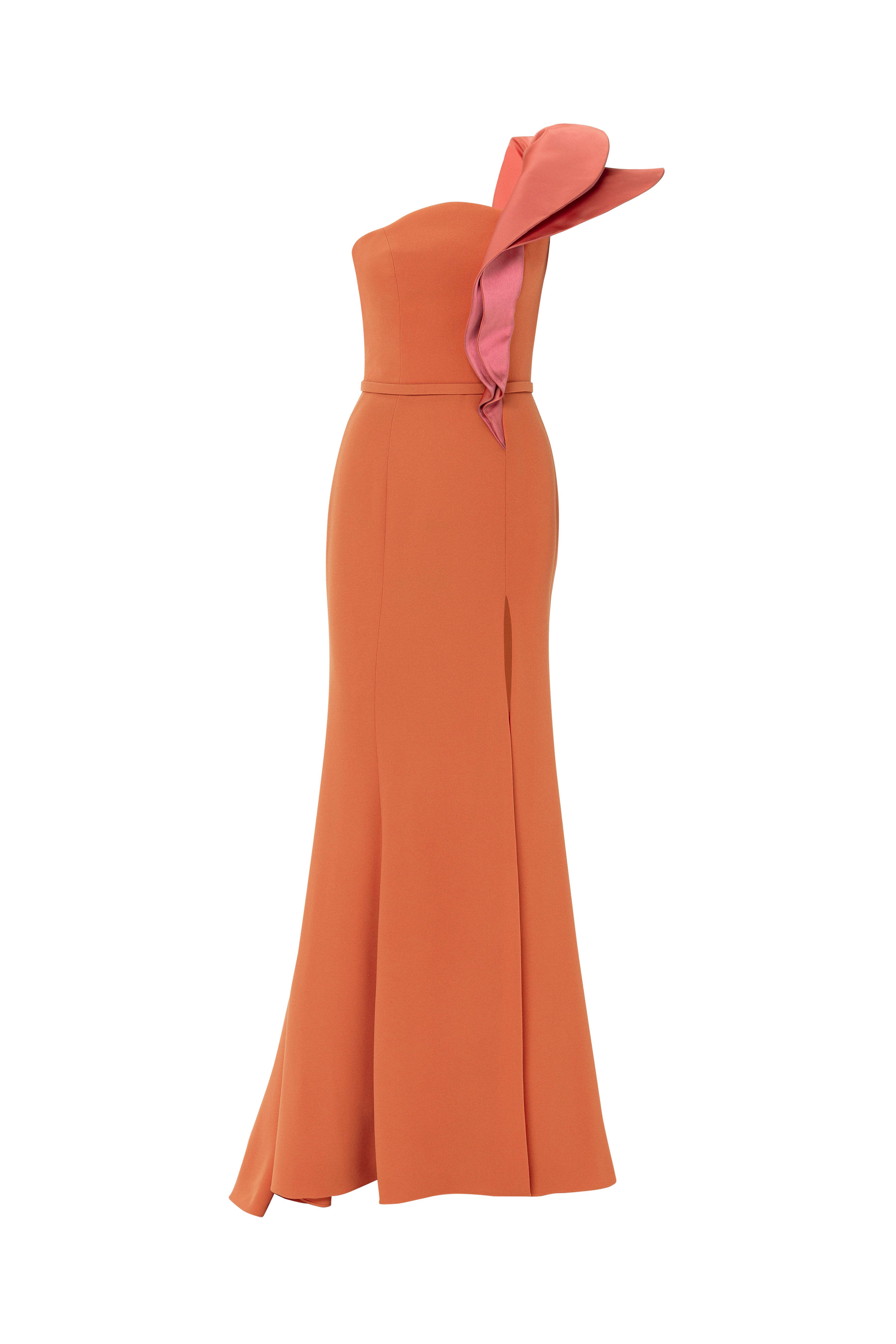 long dress with slit, dress with slit, mermaid dress, orange dress, full length, tangerine dress, ruffle dress, colour block dress, long dress, evening dress, fitted dress, one shoulder dress, asymmetrical neckline dress, red carpet dress, strapless dress, ready to wear designer, evening dress Dubai, buy dress Dubai, fashion designer Dubai, SS24 collection, Spring summer collection, gala dress