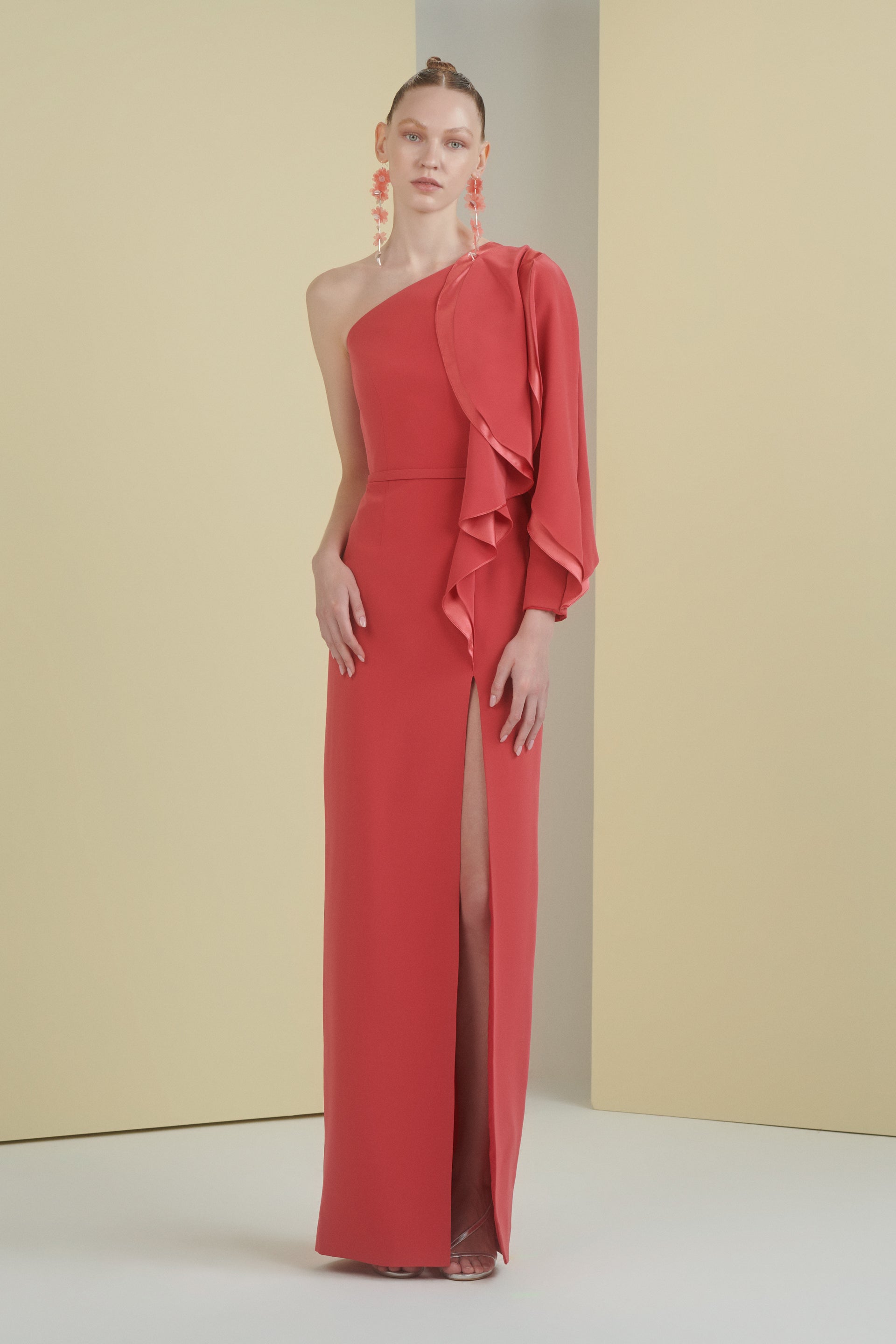 column dress, long dress, evening dress, red dress, dress with slit, full length, mother of the bride dress, one shoulder dress, asymmetrical neckline, one sleeve dress, ruffle dress, red carpet dress, ready to wear designer, evening dress Dubai, buy dress Dubai, fashion designer Dubai, SS24 collection, Spring summer collection, gala dress