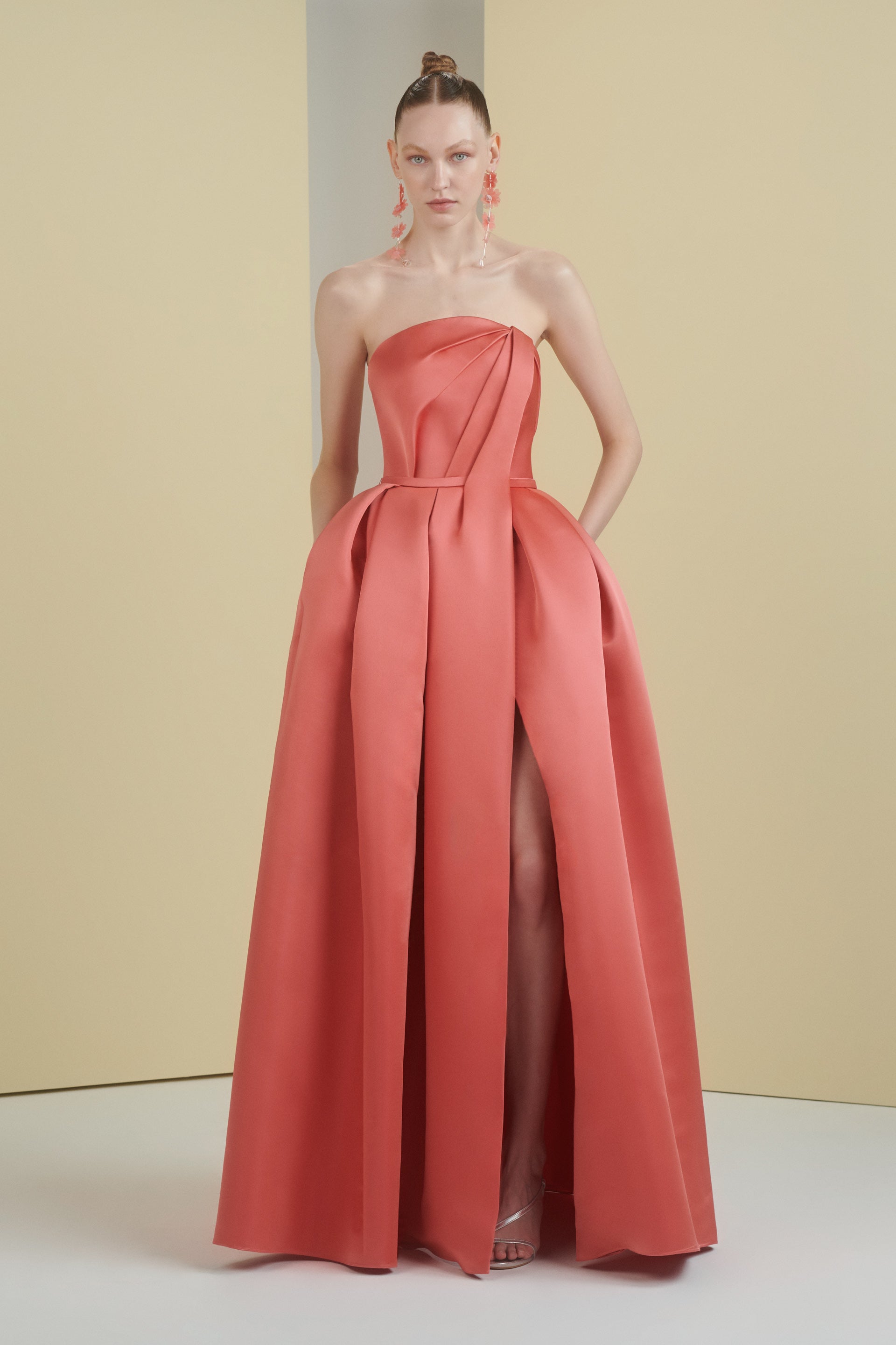 ballgown, bridemaids dress, red dress, strapless dress, pleated dress, full length, long dress, princess dress, maxi dress, evening dress, dress with pockets, red carpet dress, ready to wear designer, evening dress Dubai, buy dress Dubai, fashion designer Dubai, SS24 collection, Spring summer collection, gala dress