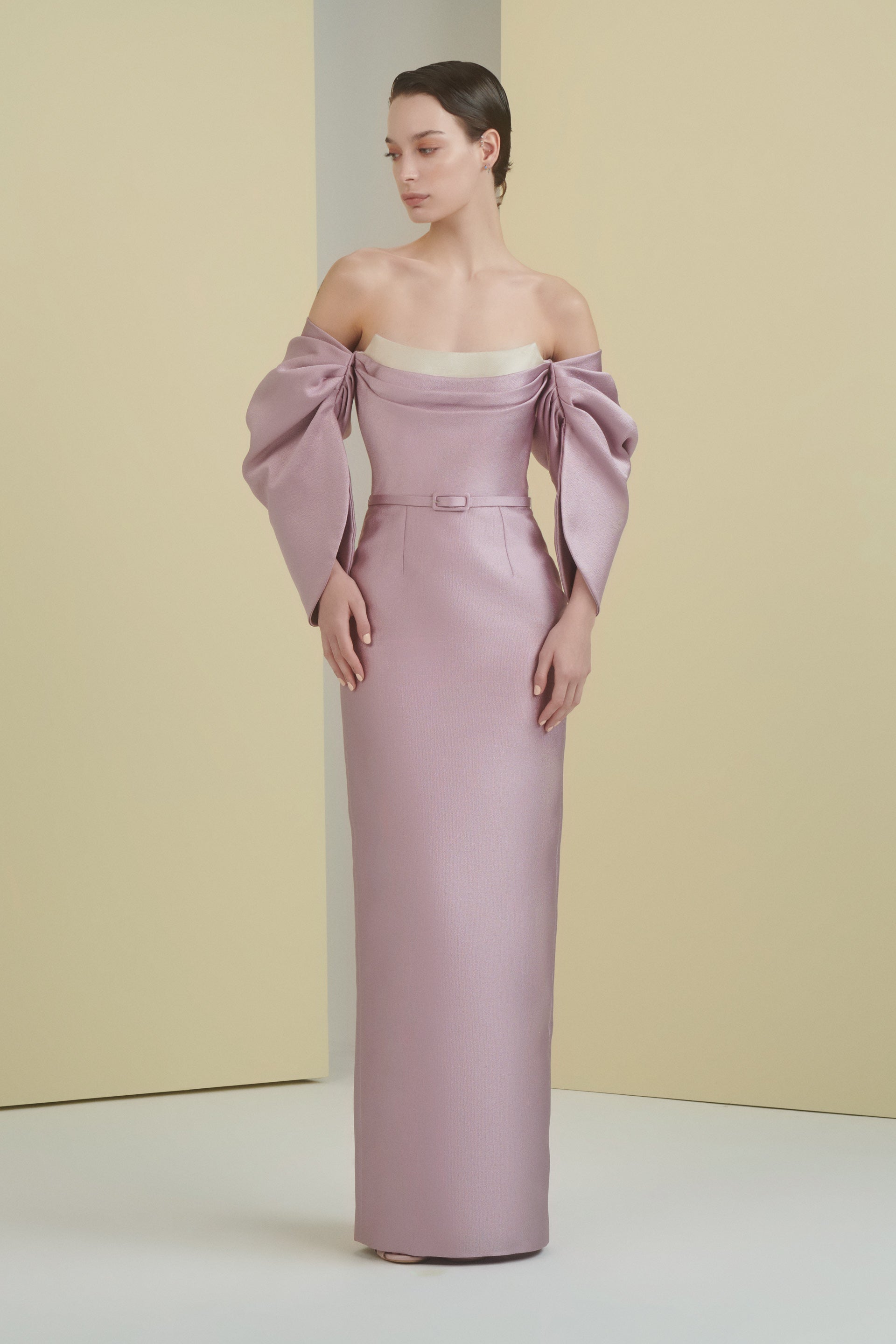 column dress, pleated sleeves, scooped neckline, sculptural, long dress, full length, evening dress, lavender dress, fitted dress, colour block dress, voluminous sleeves, red carpet dress, strapless dress, ready to wear designer, evening dress Dubai, buy dress Dubai, fashion designer Dubai, SS24 collection, Spring summer collection, gala dress