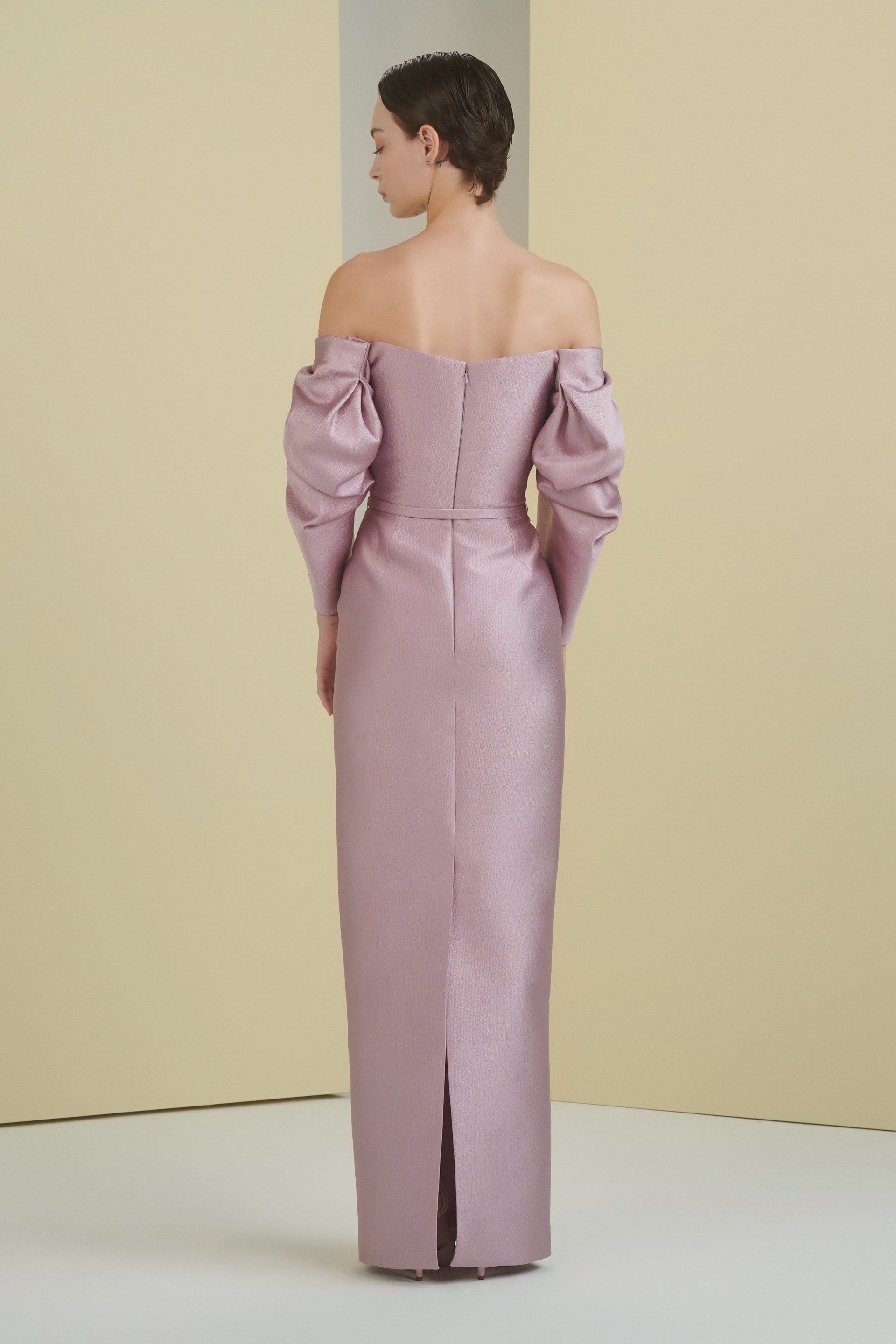 column dress, pleated sleeves, scooped neckline, sculptural, long dress, full length, evening dress, lavender dress, fitted dress, colour block dress, voluminous sleeves, red carpet dress, strapless dress, ready to wear designer, evening dress Dubai, buy dress Dubai, fashion designer Dubai, SS24 collection, Spring summer collection, gala dress