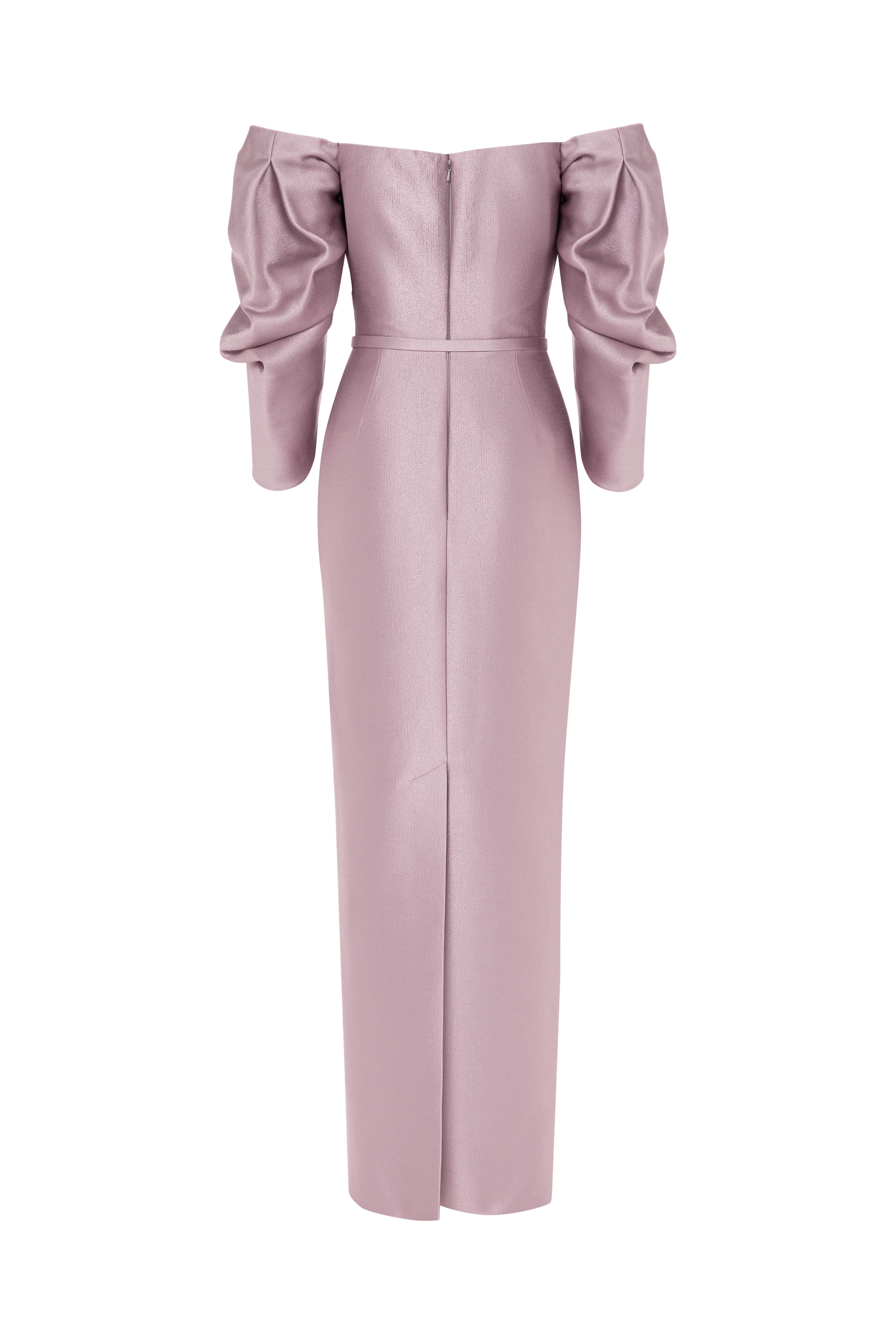 column dress, pleated sleeves, scooped neckline, sculptural, long dress, full length, evening dress, lavender dress, fitted dress, colour block dress, voluminous sleeves, red carpet dress, strapless dress, ready to wear designer, evening dress Dubai, buy dress Dubai, fashion designer Dubai, SS24 collection, Spring summer collection, gala dress