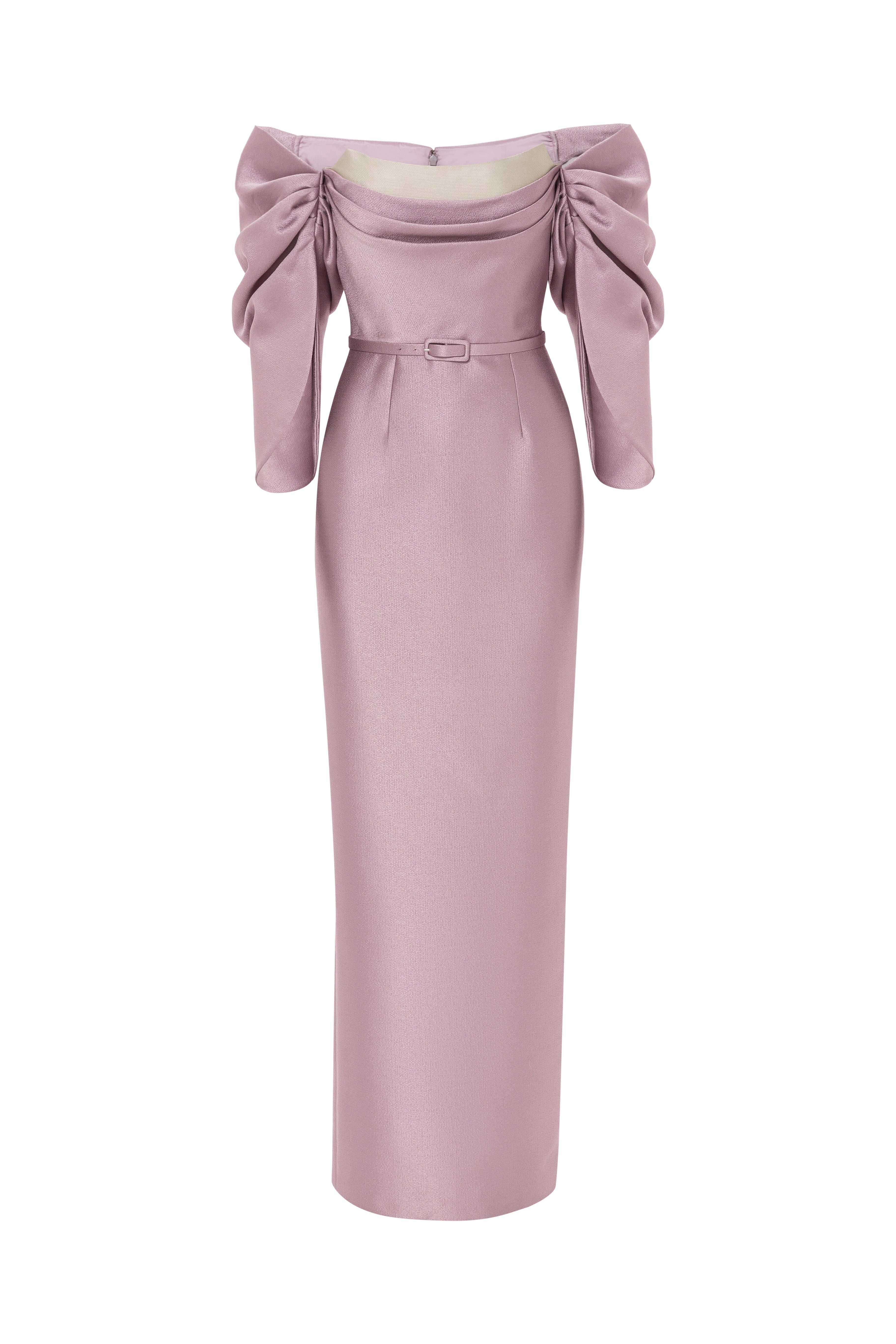 column dress, pleated sleeves, scooped neckline, sculptural, long dress, full length, evening dress, lavender dress, fitted dress, colour block dress, voluminous sleeves, red carpet dress, strapless dress, ready to wear designer, evening dress Dubai, buy dress Dubai, fashion designer Dubai, SS24 collection, Spring summer collection, gala dress