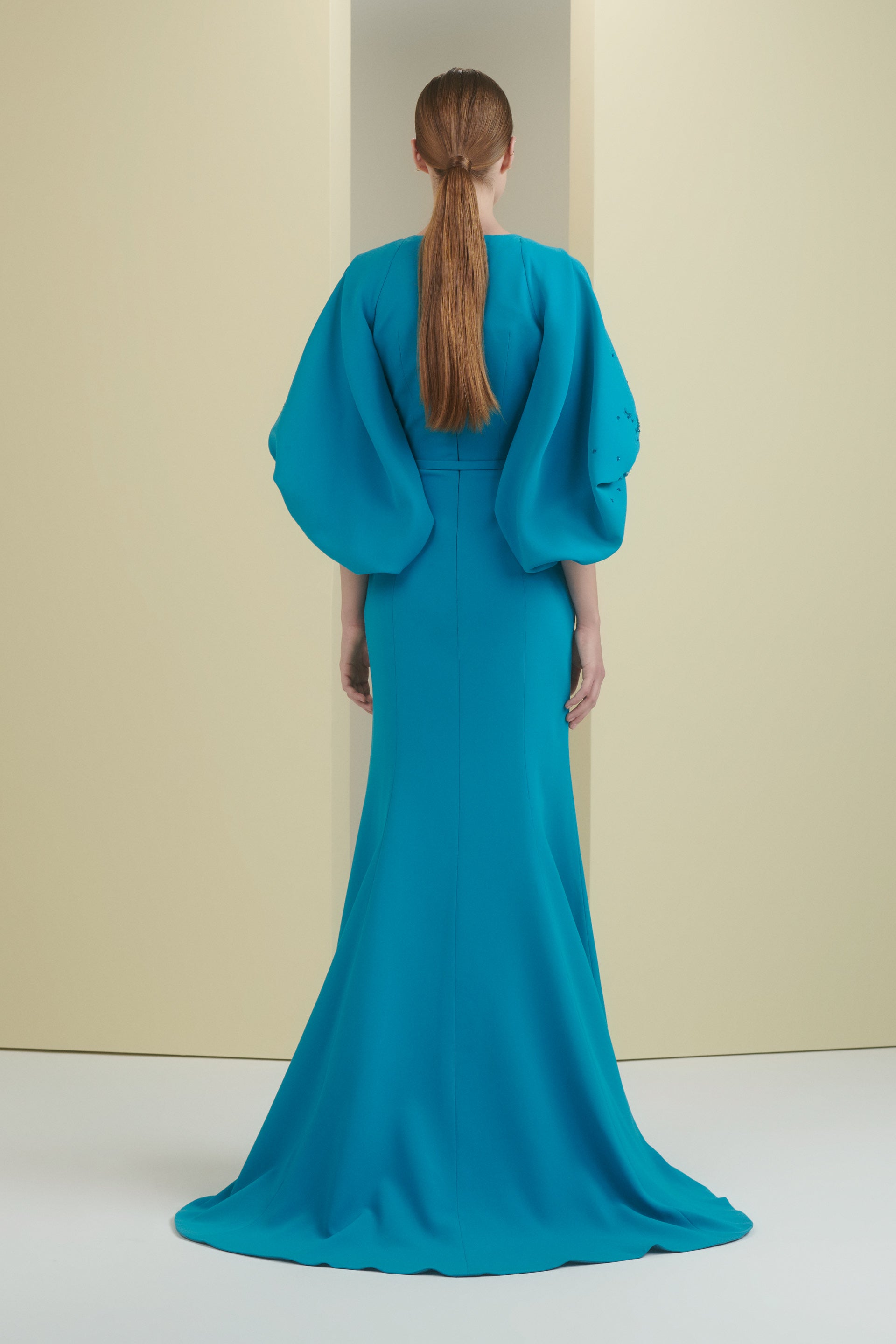 bridemaids dress, mother of the bride, sleeves, sculptural, beaded sleeves, full length, voluminous sleeves, big sleeve dress, mermaid dress, long dress, evening dress, blue dress, v neckline, raglan sleeves, red carpet dress, ready to wear designer, evening dress Dubai, buy dress Dubai, fashion designer Dubai, SS24 collection, Spring summer collection, gala dress