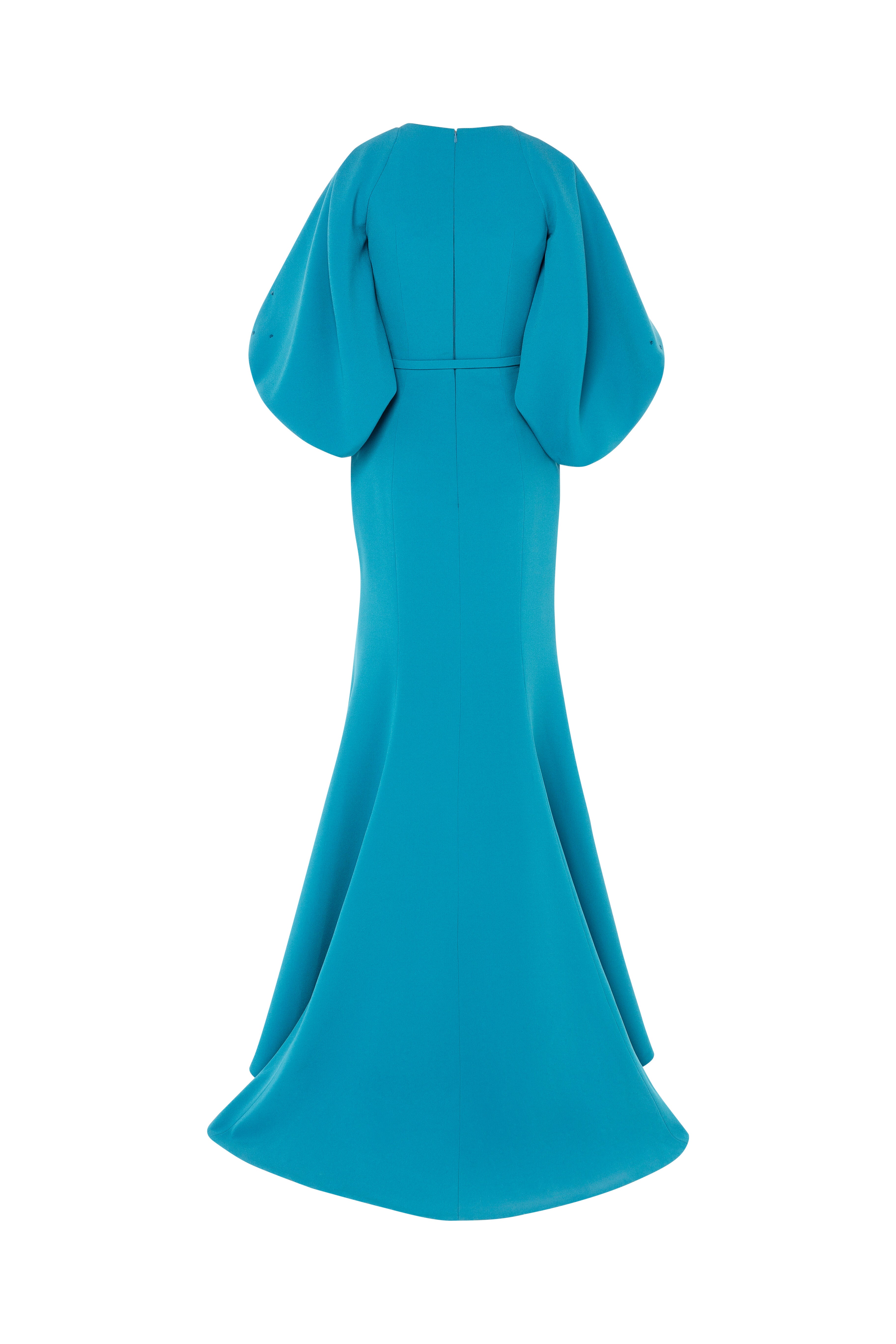 bridemaids dress, mother of the bride, sleeves, sculptural, beaded sleeves, full length, voluminous sleeves, big sleeve dress, mermaid dress, long dress, evening dress, blue dress, v neckline, raglan sleeves, red carpet dress, ready to wear designer, evening dress Dubai, buy dress Dubai, fashion designer Dubai, SS24 collection, Spring summer collection, gala dress