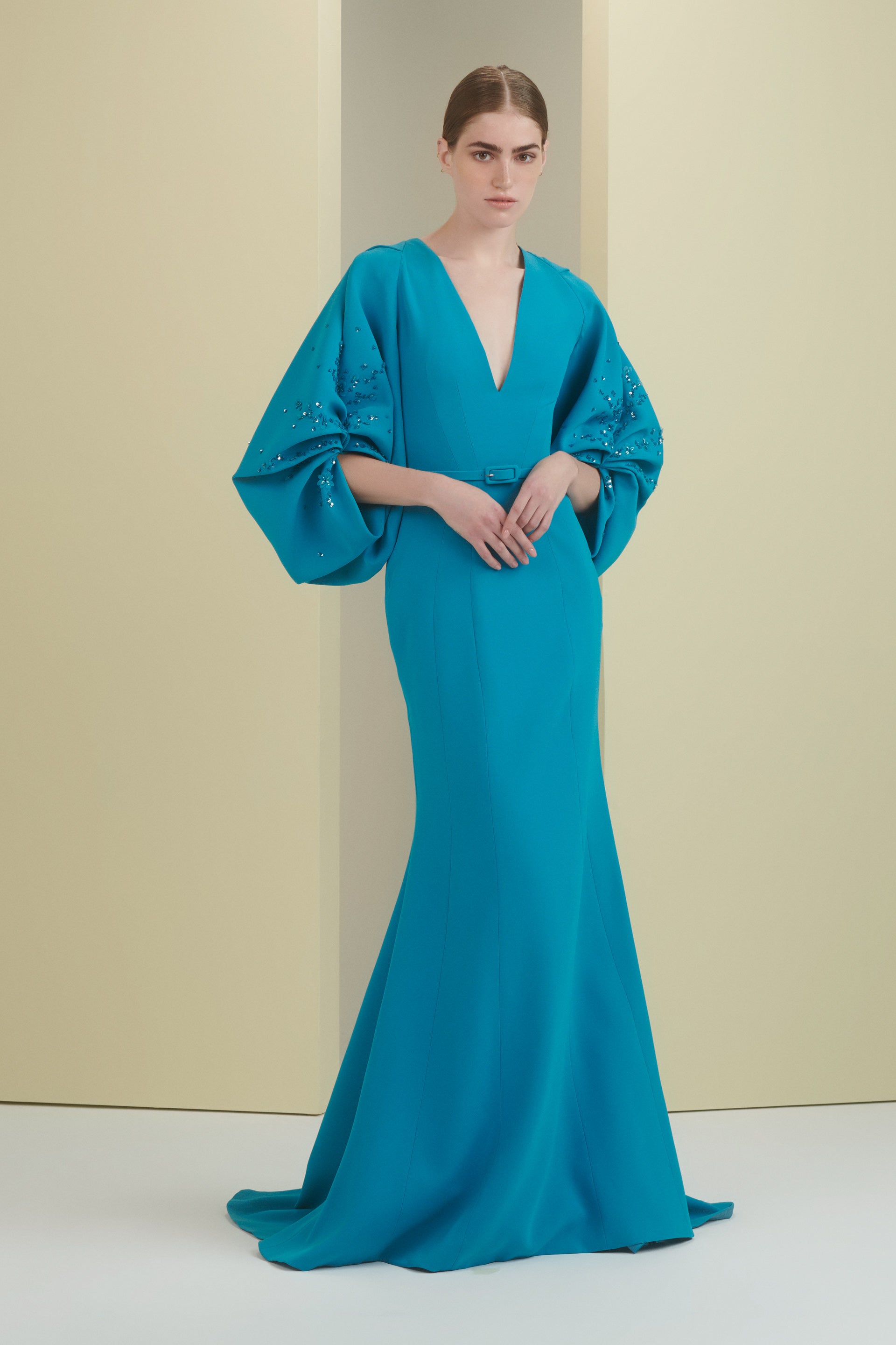 bridemaids dress, mother of the bride, sleeves, sculptural, beaded sleeves, full length, voluminous sleeves, big sleeve dress, mermaid dress, long dress, evening dress, blue dress, v neckline, raglan sleeves, red carpet dress, ready to wear designer, evening dress Dubai, buy dress Dubai, fashion designer Dubai, SS24 collection, Spring summer collection, gala dress